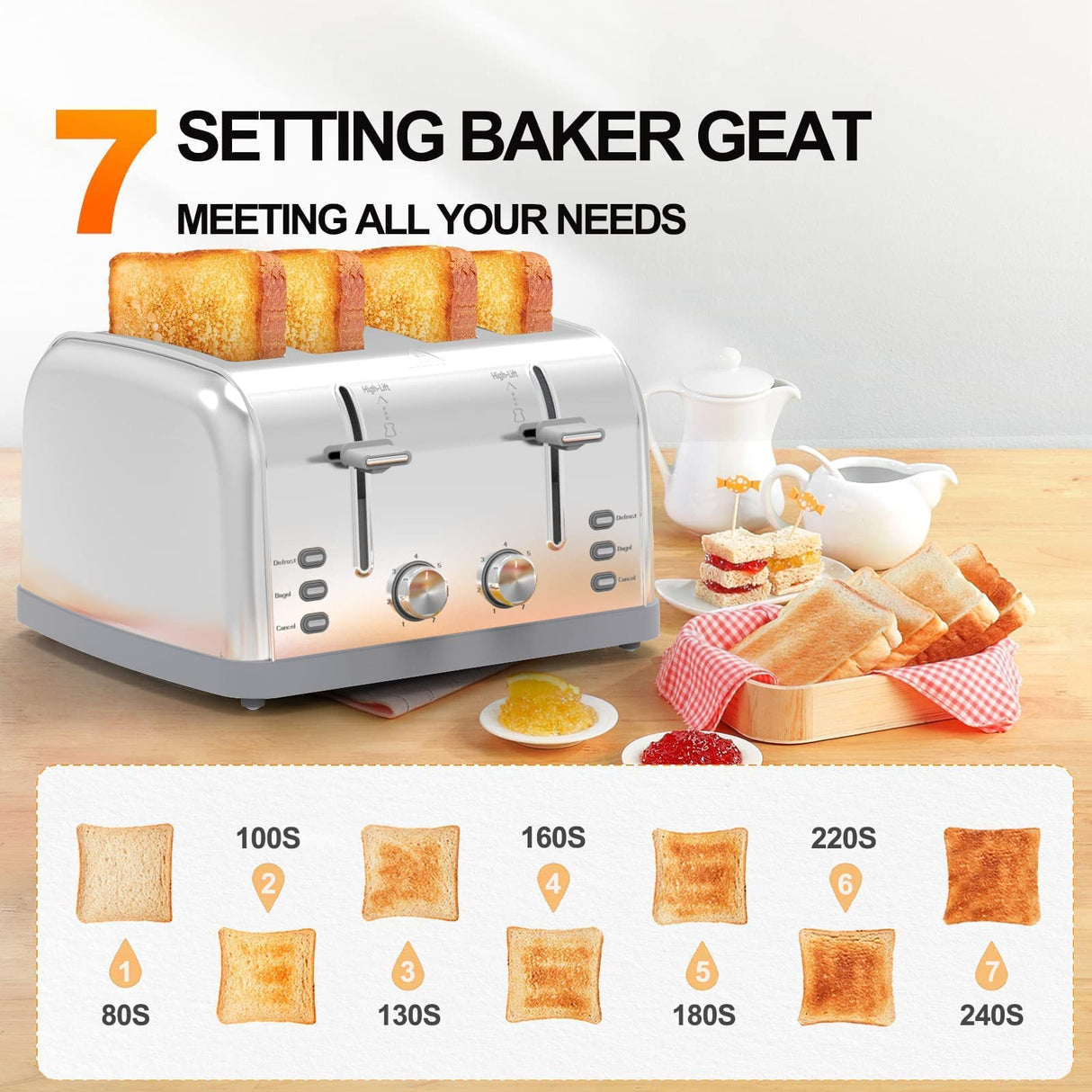 Toaster 4 Slice,Retro Stainless Steel Toater with 7 Shade Settings,Best Prime Toaster for Waffles, 4 Slice Toaster with 3 Mode,Bagels and More Lainsten Toaster T-527 LAINSTEN