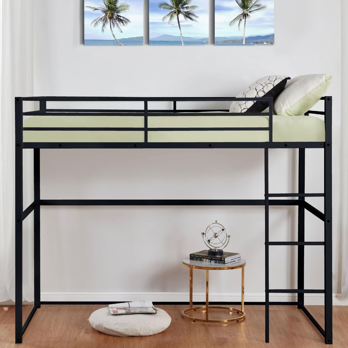 Suwopmvy Heavy Duty Metal Loft Bed Frame Full Size with Safety Guard Rails & Built-in Ladder - Sturdy Space Saving Loft Bed for Kids, Teens, Adults, College Dorm, Studio Apartment (Black, Full) Suwopmvy