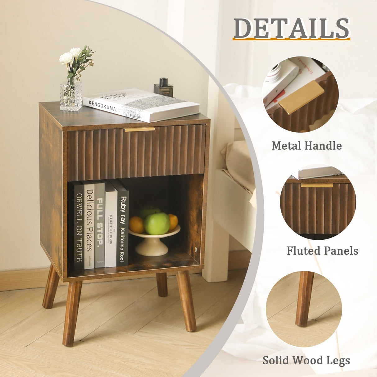 Fultyle Mid Century Modern Nightstand, Wood Bedside Table with Drawer and Opening Storage, End Table Living Room Fluted Night Stand with Solid Wood Legs for Bedroom (Rustic Brown) Fultyle