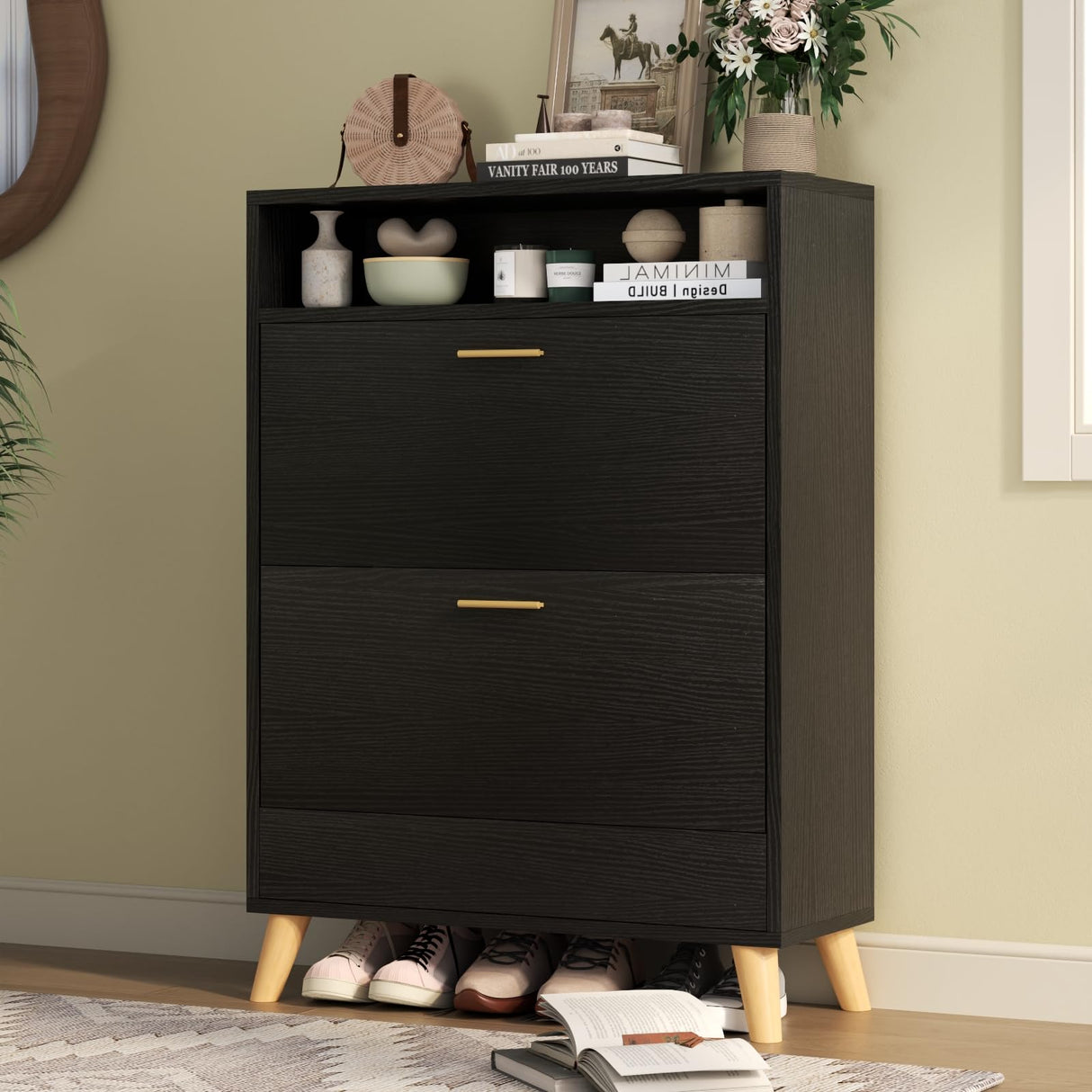 Gyfimoie Entryway Shoe Storage Cabinet with 2 Flip Drawers, FreestandingShoe Organizer for Entryway, Narrow Shoe Rack Cabinet (Black) Gyfimoie