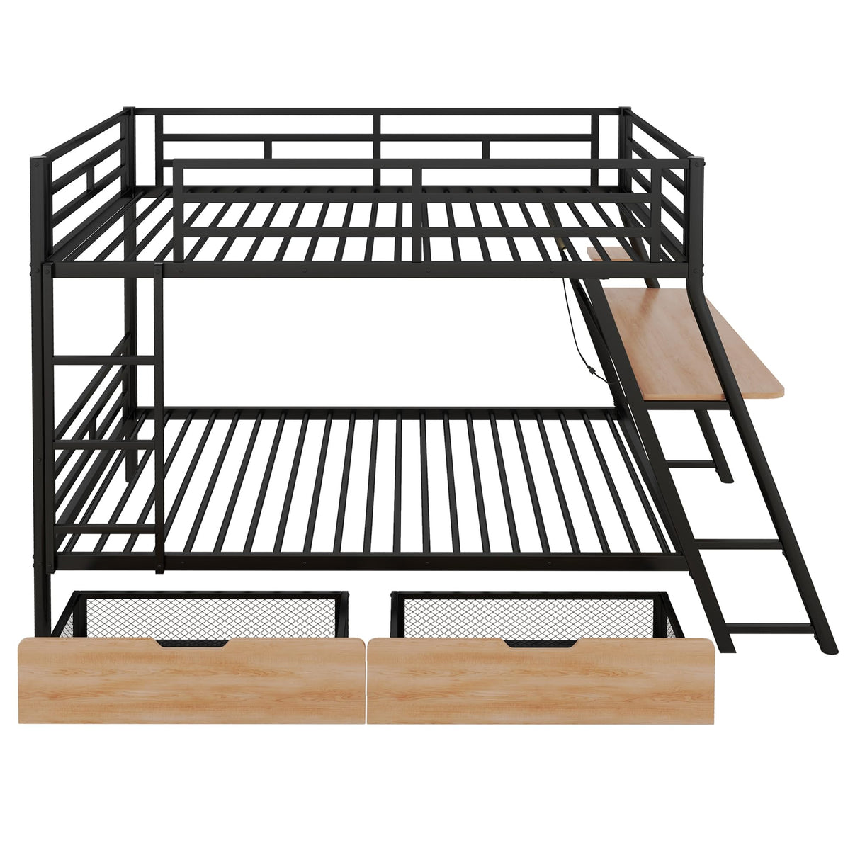 Full Over Full Metal Bunk Bed with Built-in Desk, Modern Style Heavy-Duty Steel Frame Bunk Bed with Light and 2 Drawers, Safety Rail and Built-in Ladder for Bedroom, Dorm (Black) Bellemave