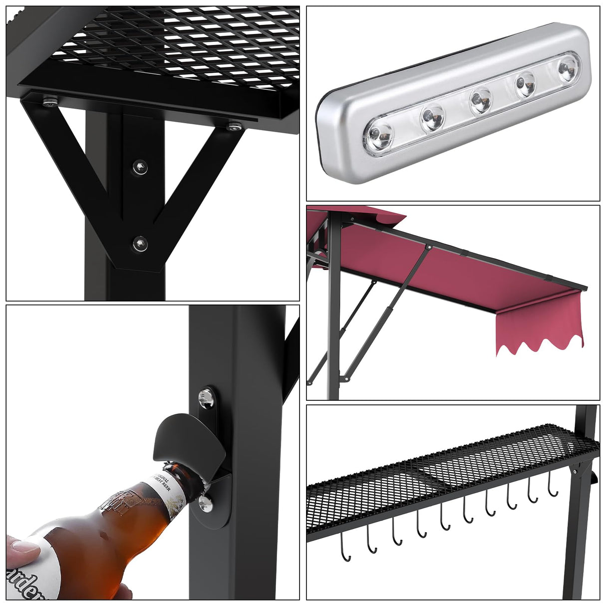 5 * 8FT Outdoor BBQ Grill Patio Canopy with Extra Shadow&Dual Side Awnings, Double Tiered BBQ Gazebo with 2 Side Shelves, Heavy-Duty Steel Frame, LED Light,fit for Barbecue and Picnic (Claret) Knowfunn