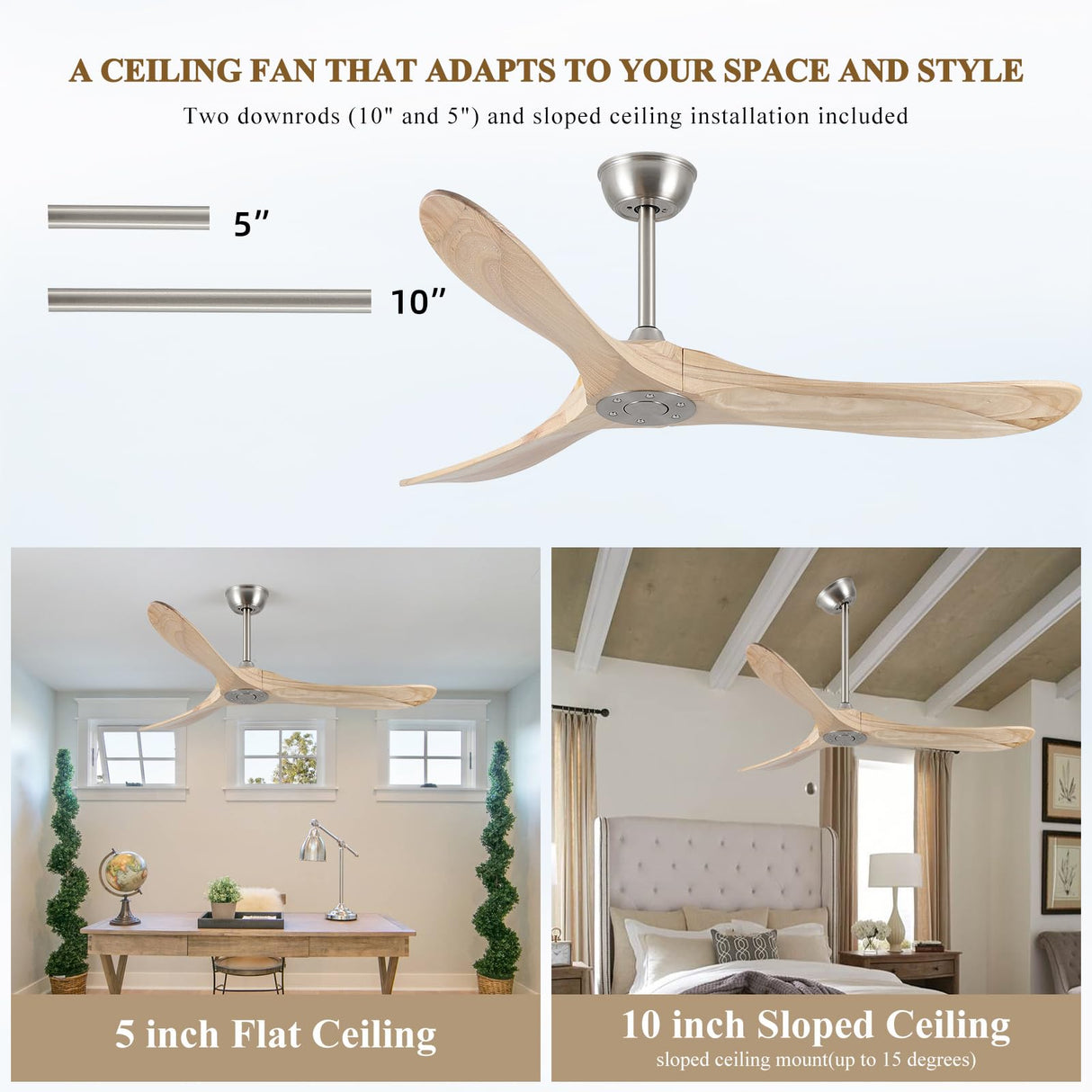 DefinElegant 52" Modern Ceiling Fan, No Light, 6-Speed, Reversible, Timed Shutdown, DC Motor, Natural Wood 3 Blade, Porch, Bedroom, Living Room DefinElegant