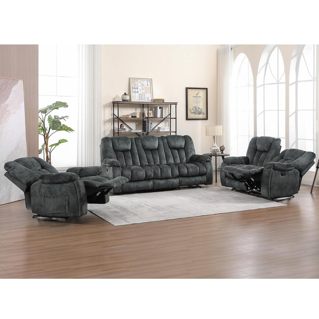 EBELLO 3 Pieces Recliner Sofa Furniture Set, Manual Recliner with Massage and Heat, Loveseat and Bonded 3 Seat Reclining Couch Set for Living Room, Green Grey EBELLO