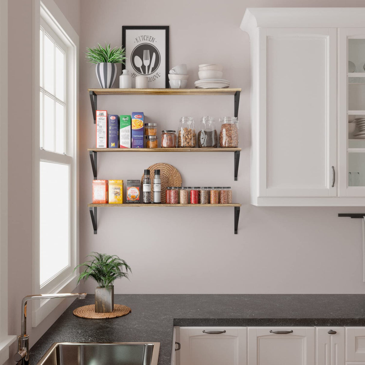 Wallniture Bora 36 Inch Large Floating Shelves for Wall Storage, Floating Bookshelf Set of 3, Burned Wood Wall Shelves for Books Wallniture