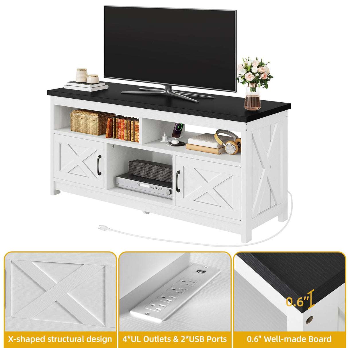 DWVO Farmhouse TV Stand for Television up to 65 Inch, Entertainment Center with Power Outlets and Open Shelf, Rustic TV Cabinet Media Console Table for Living Room, White/Black, 59 Inches DWVO