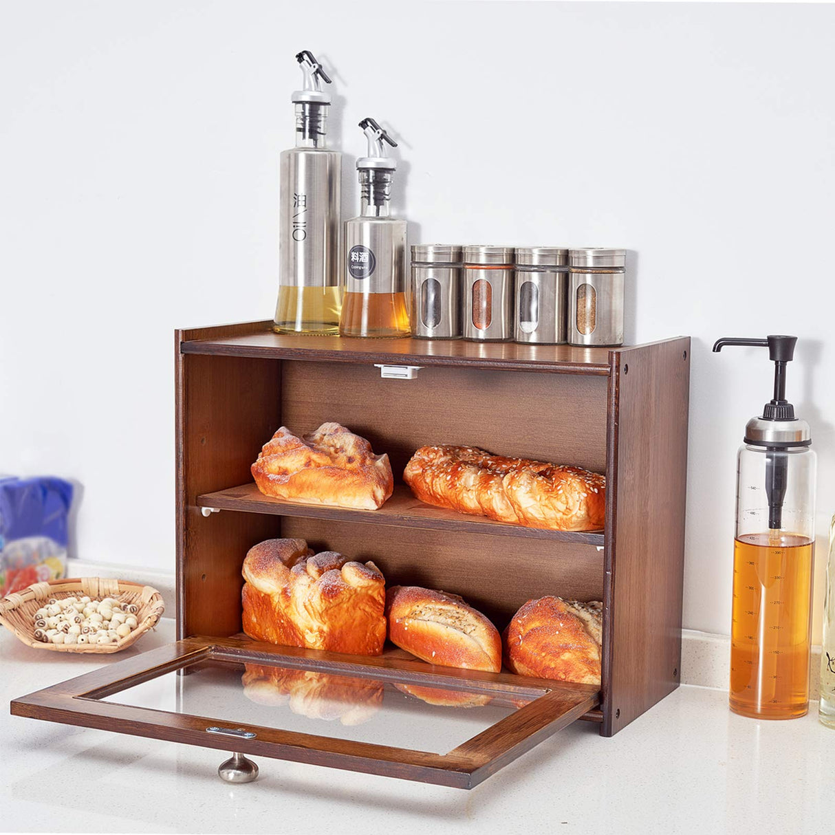 Worthyeah Bamboo Bread Box for Kitchen Countertop, Wooden Bread Storage Box with Transparent Window, 2-Layer Large Capacity Bread Storage, Kitchen Bread Holder, Self Assembly Worthyeah
