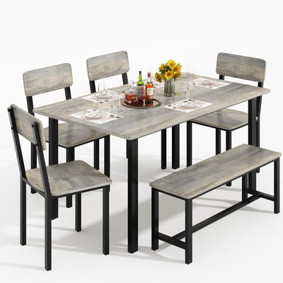 AWQM 6-Piece Dining Set, Modern Dining Table Set for 4-6,Kitchen Table Set with Chairs and Bench,Dining Room Table Set with Metal Frame & MDF Board, Table & Chairs Set for Small Space,Apartment,Grey