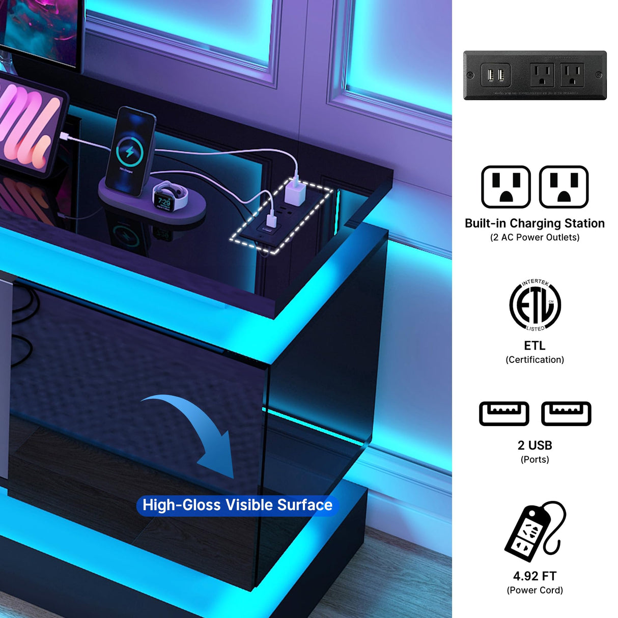 71IN LED TV Stands w/Power Outlet for 85/80/75 Inch TV,High Glossy Modern TV Console Gaming Entertainment Center with 2 Storage Cabinets,Dual LED Lights Strips for Living Room,Bedroom,Black chartustriable