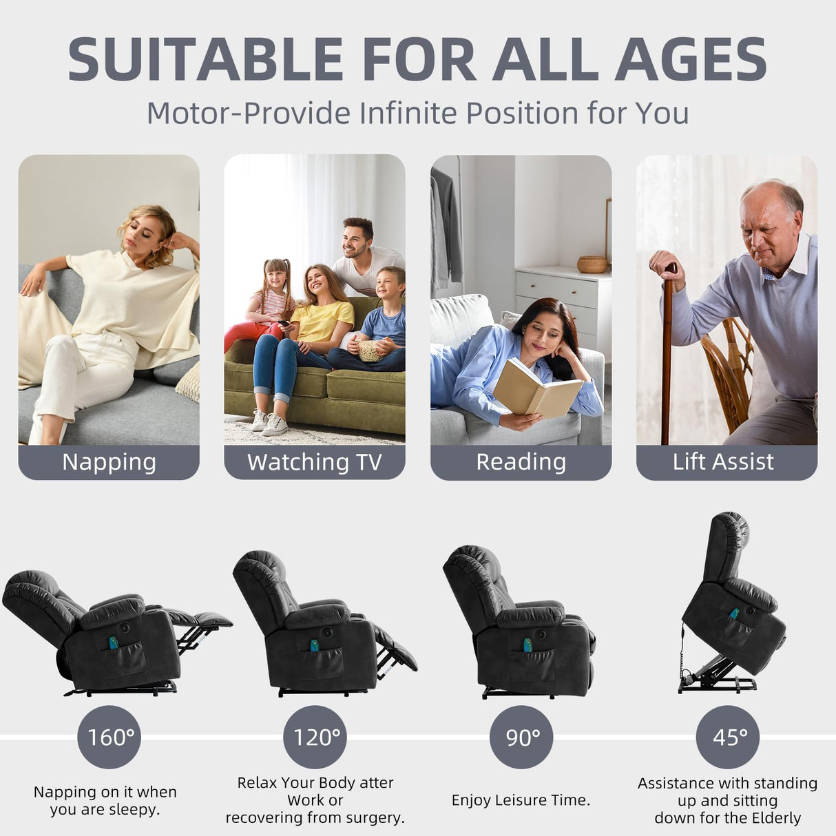 RESTREAL Power Lift Recliner Chair for Elderly, Electric Recliner Chairs for Adults with Massage and Heat, Cup Holders, Remote Control, USB Ports, Side Pockets, Leather (Black) RESTREAL