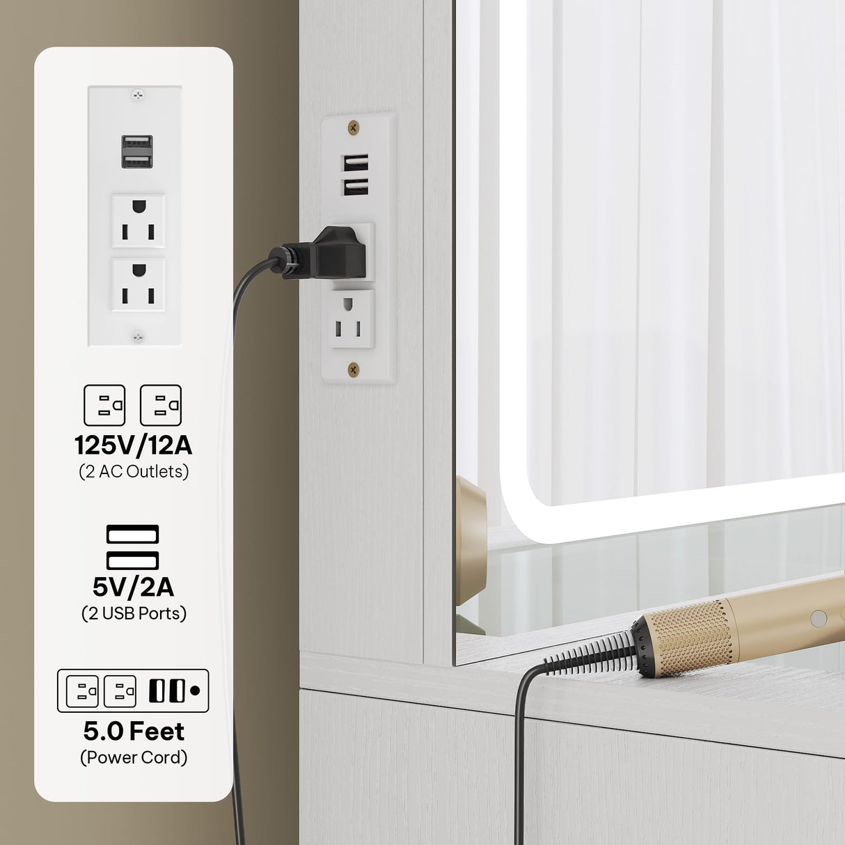 YITAHOME Vanity Desk Set- 48" Large Makeup Vanity with Mirror and Lights 3 Lighting Modes, Dressing Table with Charging Station, Makeup Desk with 8 Drawers, for Bedroom and Dressing Room, White YITAHOME