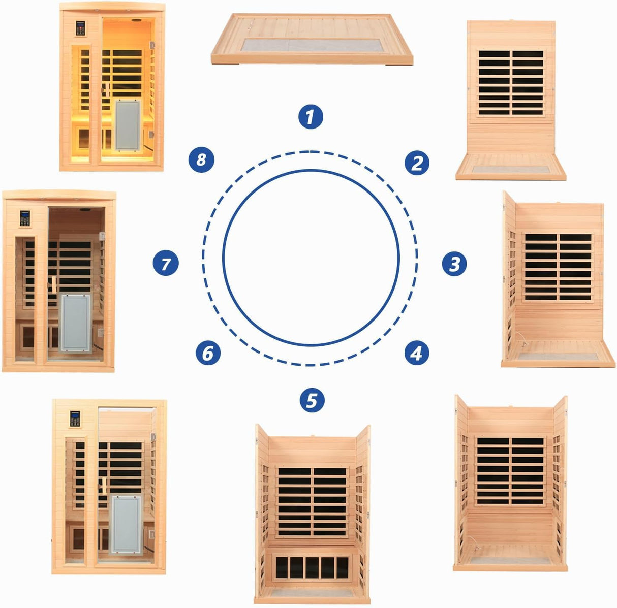 Xmatch Far Infrared Wooden Sauna, 2-Person Size, with1750W, 8 Low EMF Heaters, 2 Bluetooth Speakers, 2 LED Reading Lamps and 3 Chromotherapy Lamps, 10 Minutes Pre-Warm up Xmatch