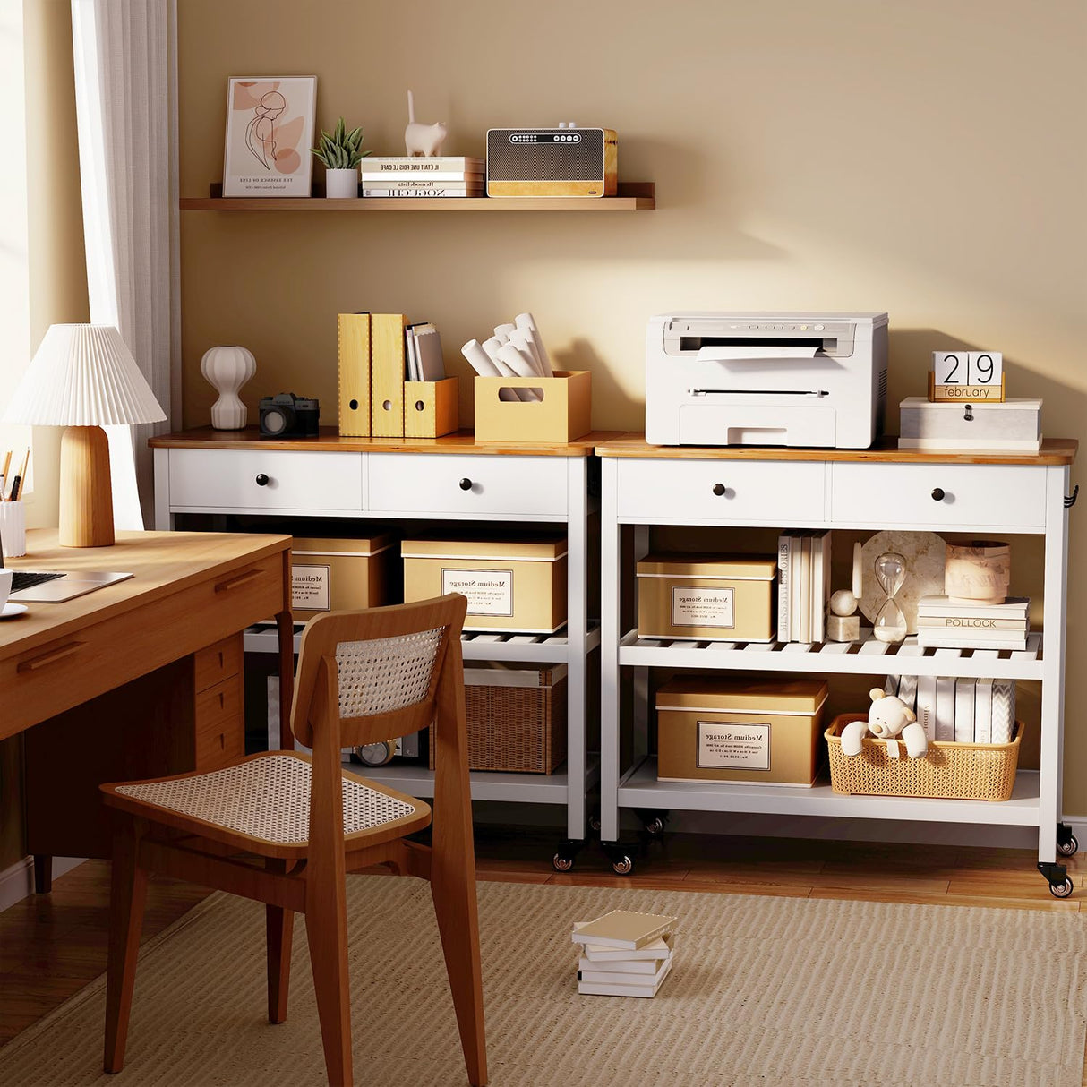 Gizoon Kitchen Island Cart on Wheels with 40'' Wood Tabletop, 2 Open Tiers Spacious Storage Shelves and Towel Rack, Rolling Utility Cart with 3 Side Hooks and 2 Drawer for Dining Room, Bar, White Gizoon