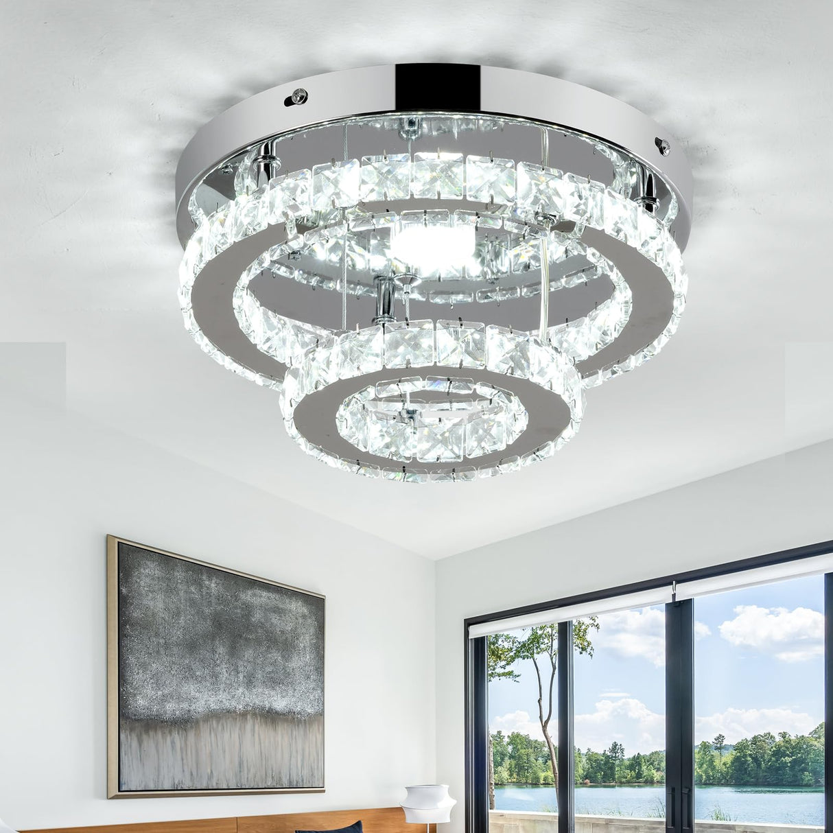 RHEAFON 9.8 Inch Mini Chandelier Light Fixture Round LED Crystal Ceiling Light Flush Mount Crystal Chandeliers for Bedroom Kitchen Foyer Closet Hallway Light, 6500K Cool White RHEAFON