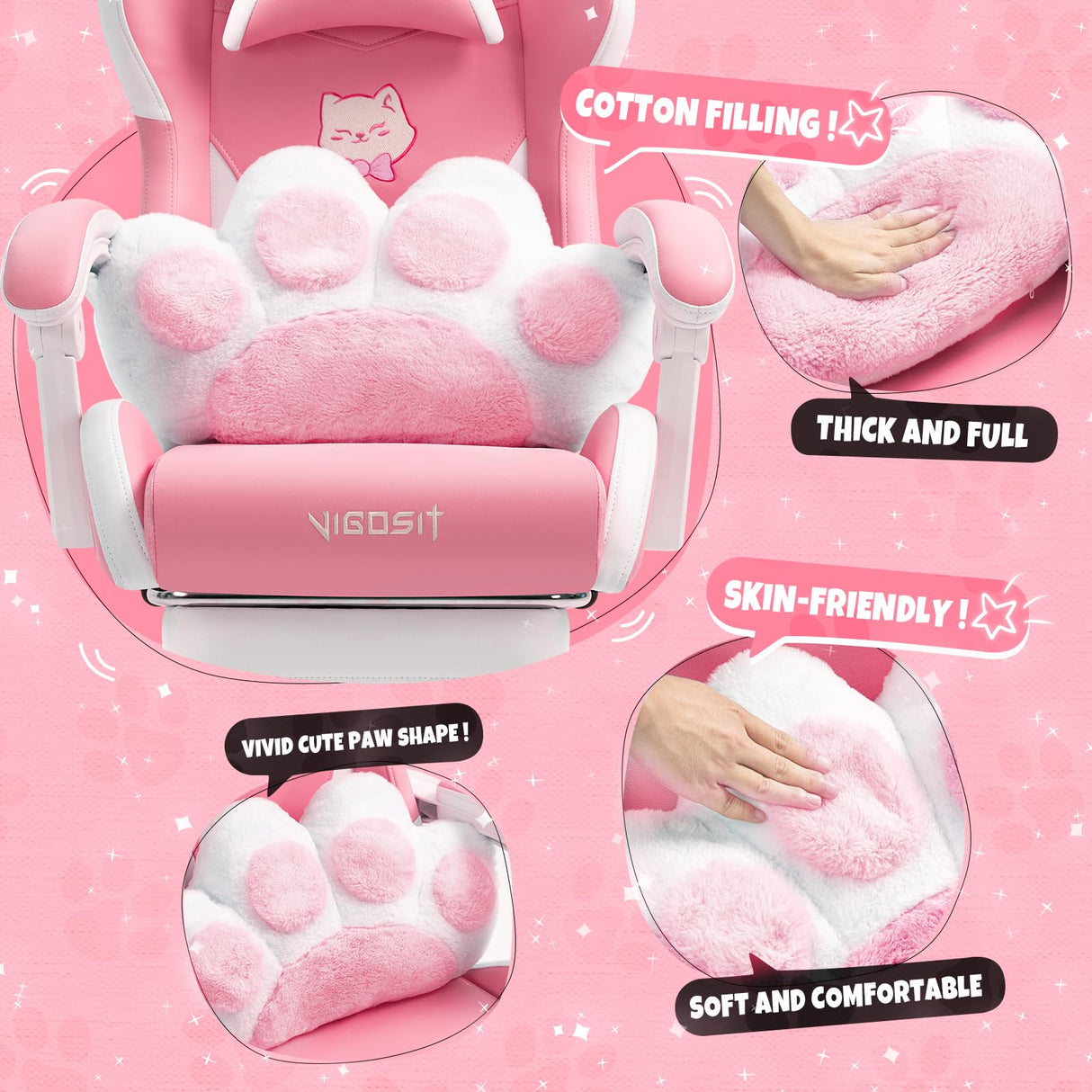Vigosit Pink Gaming Chair with Cat Paw Lumbar Cushion and Cat Ears, Ergonomic Computer Chair with Footrest, Reclining PC Game Chair for Girl, Teen Vigosit
