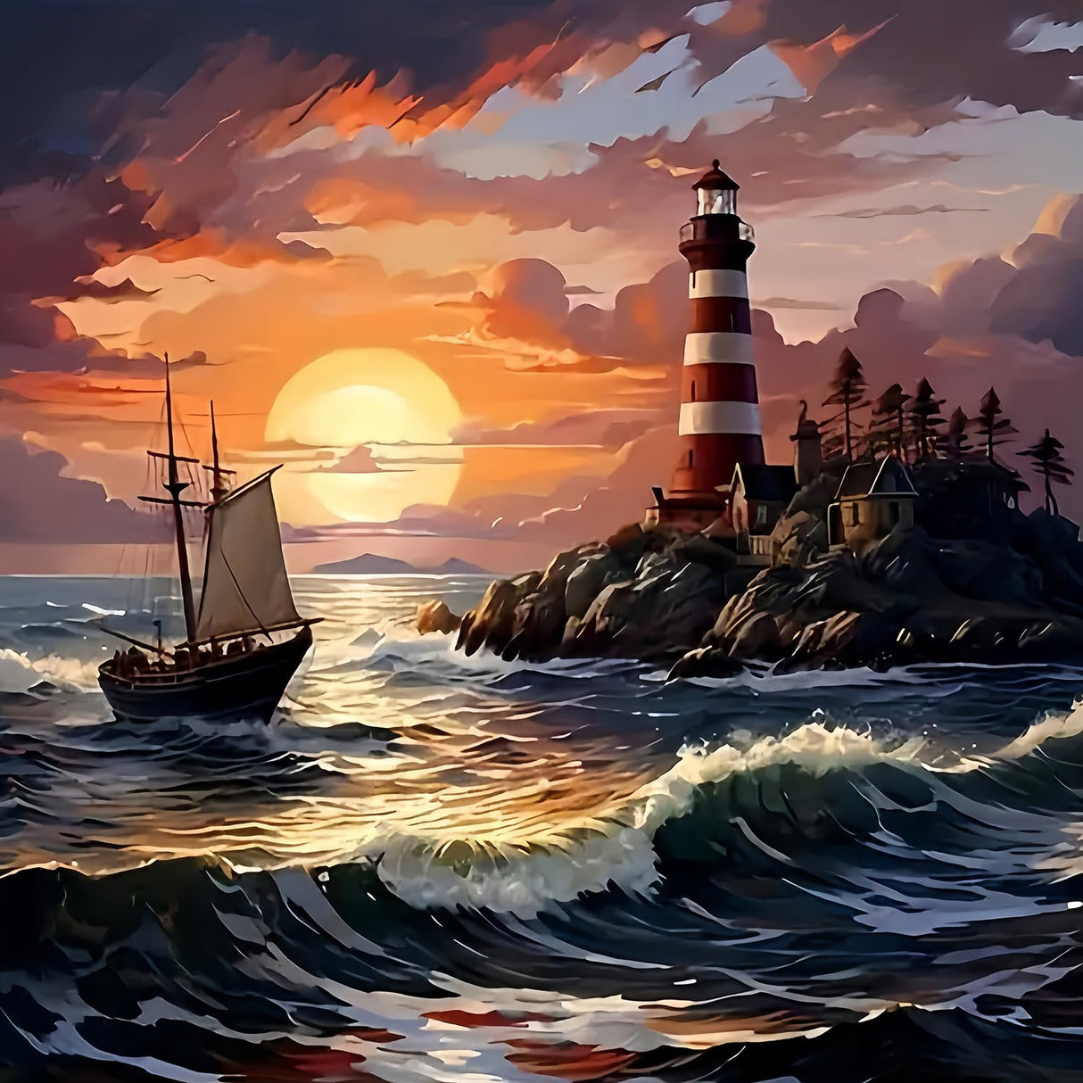 5D Diamond Painting Kits for Adults, Sea Sunset Lighthouse Diamond Art for Beginners, DIY Full Round Drill Paint by Diamonds Dot Gem Art for Adults, Home Wall Decor 13.7x13.7 Inch Mosaflare