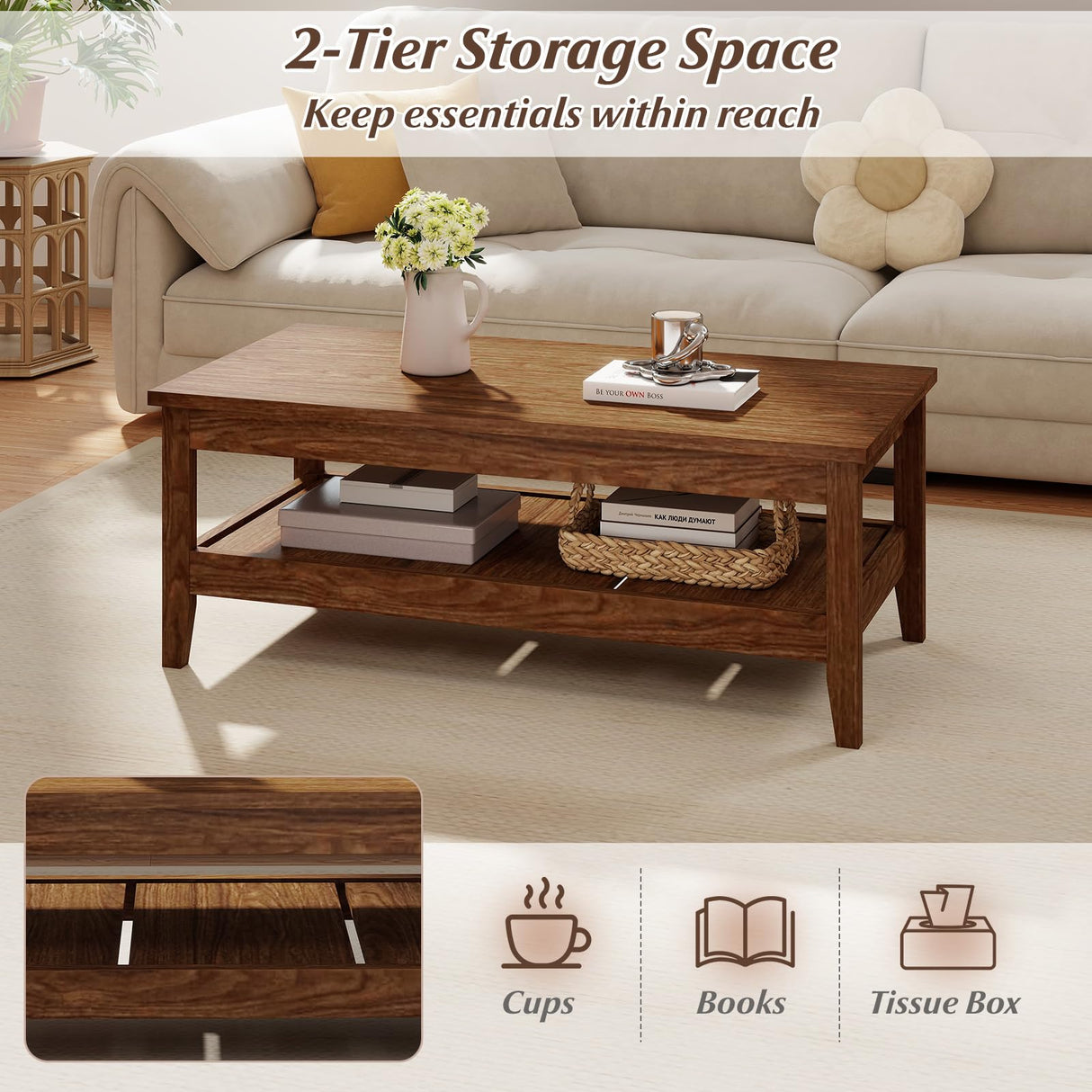 Giantex Mid Century Modern Coffee Table, 2-Tier Rectangle Wood Center Table with Slatted Storage Shelf, Vintage Living Room Table for Reception, Walnut Giantex