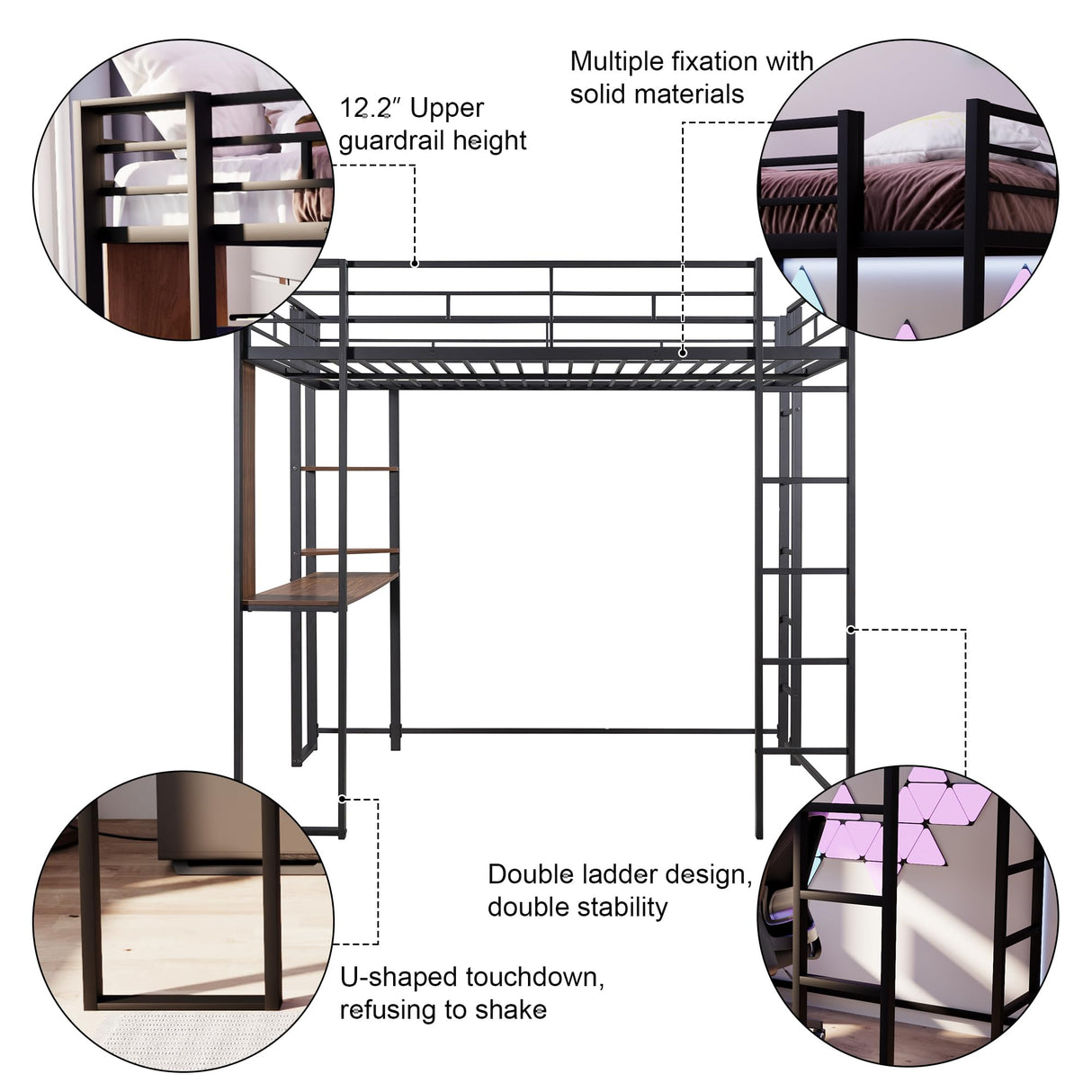 Merax Metal Loft Bed with 2 Shelves and one Desk, Noise Free, No Box Spring Needed, Easy Assembly, Full Size, Black Merax