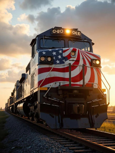 Train Locomotive Sunset Flag Rails Diamond Art Kits for Adults, Round Full Drill 5D Diamond Painting Diamond Art for Beginners, Diamonds Pictures Diamond Painting Crafts Home Wall Decor 12x16 Inch