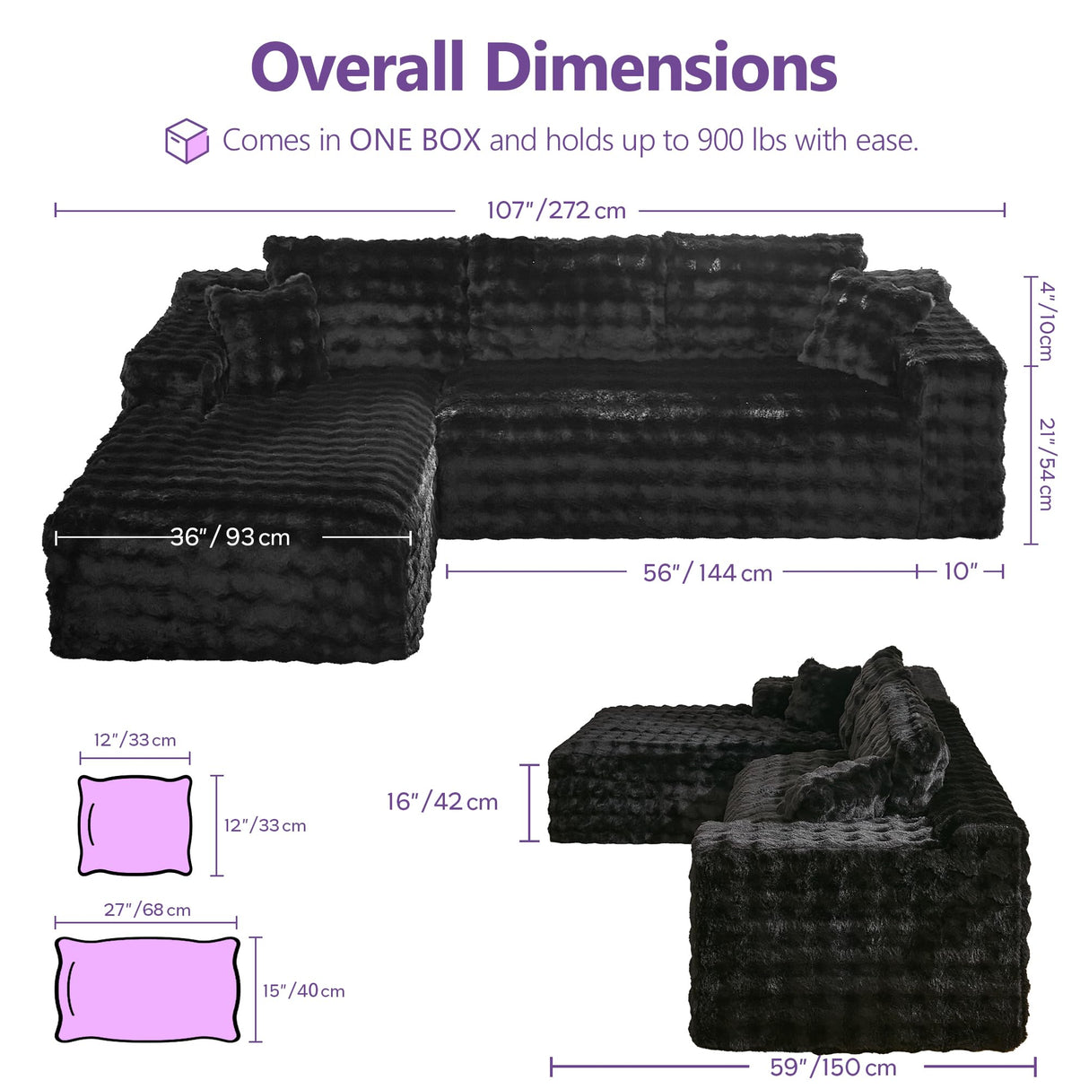 TYBOATLE 107’’ Boneless Slow-Rebound Memory Foam Couch, Cloud Sectional Couches for Living Room w/Upgraded Fabric, Deep Seat Comfy Fluffy L Shaped Modular Sectional Sofa (Black, Left Facing Chaise) TYBOATLE