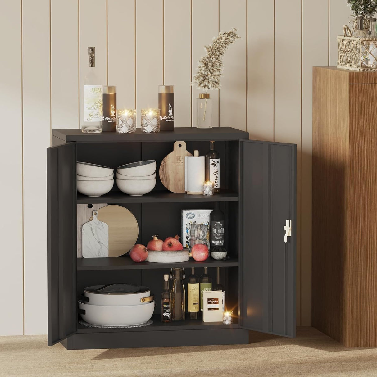 Metal Storage Cabinet with Lock, 35.4" High Garage Tool Cabinet with Adjustable Shelf & Handle, Tool Organizer for Garage, Workshop, Home, Office, Black Tioutbot