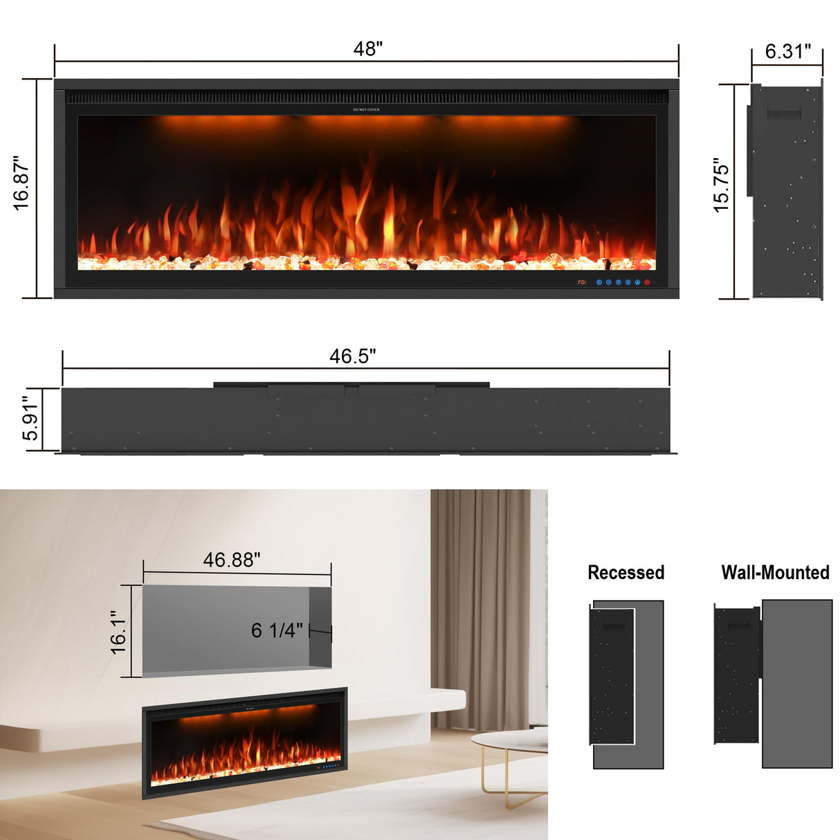 48" Smart Electric Fireplace Inserts,Slim Fireplace with APP Control & Remote Control& Touch Panel,13 Adjustable Flame Color&13 Fuel Bed Colors,750W/1500W,Black VINEMOUNT