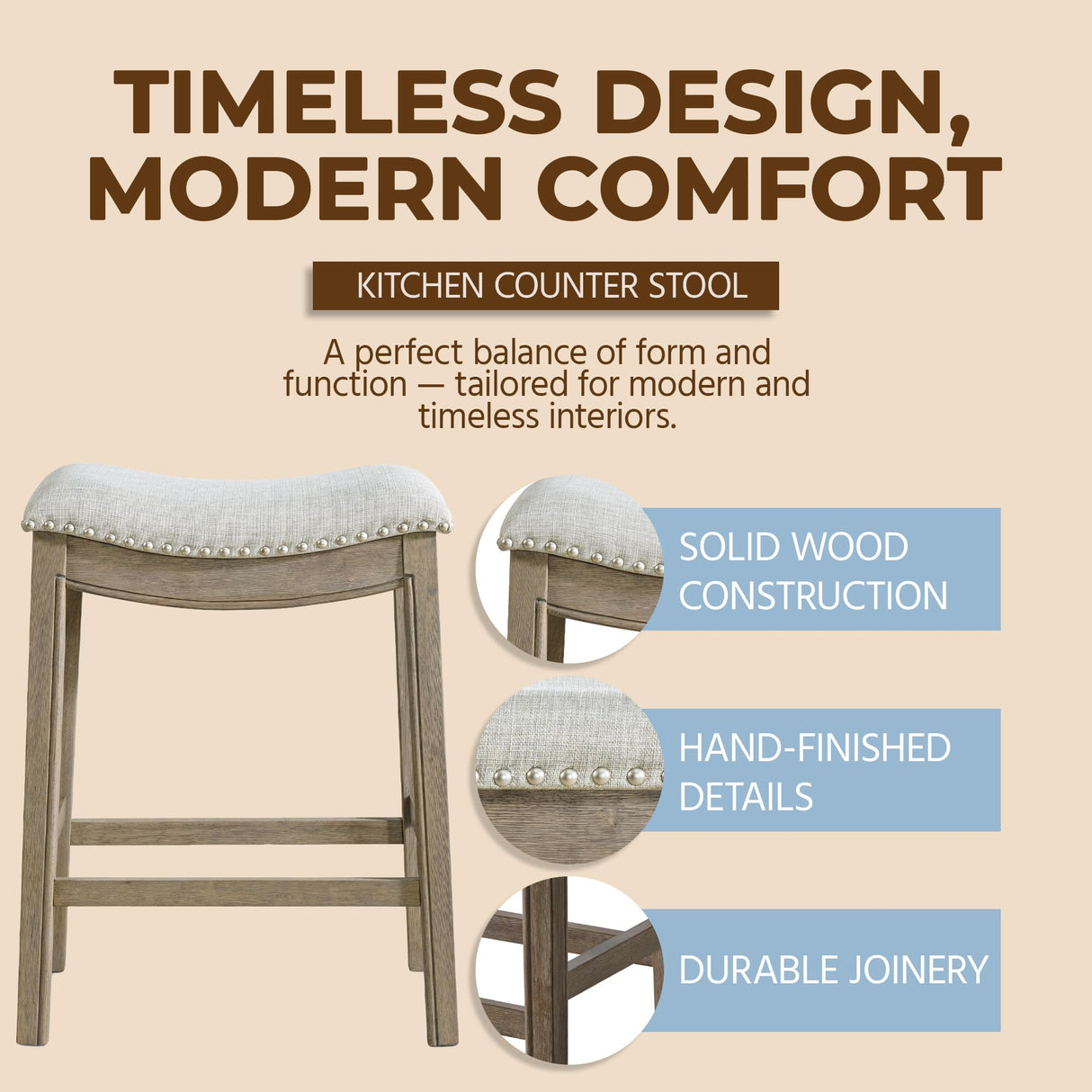 ROME + OAK Set of 2 Parker 26" Counter Stool, Backless Saddle Kitchen Barstool in Reclaimed Oak Finish with Ash Grey Fabric Upholstery Cushion Seat ROME + OAK