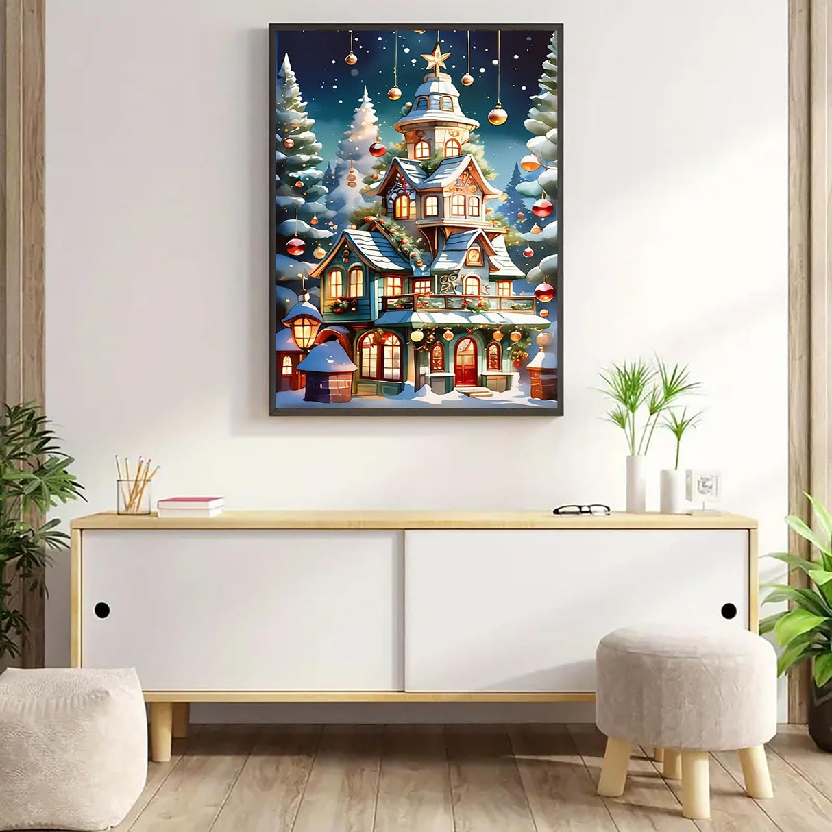 Christmas House Tree Ball Diamond Art Kits for Adults, 5D Diamond Painting Kits for Adults Beginners, DIY Full Round Drill Diamond Dot Painting Gem Art Kits for Adult, Home Wall Decor 11.8x15.7 Inch VCLKDIY