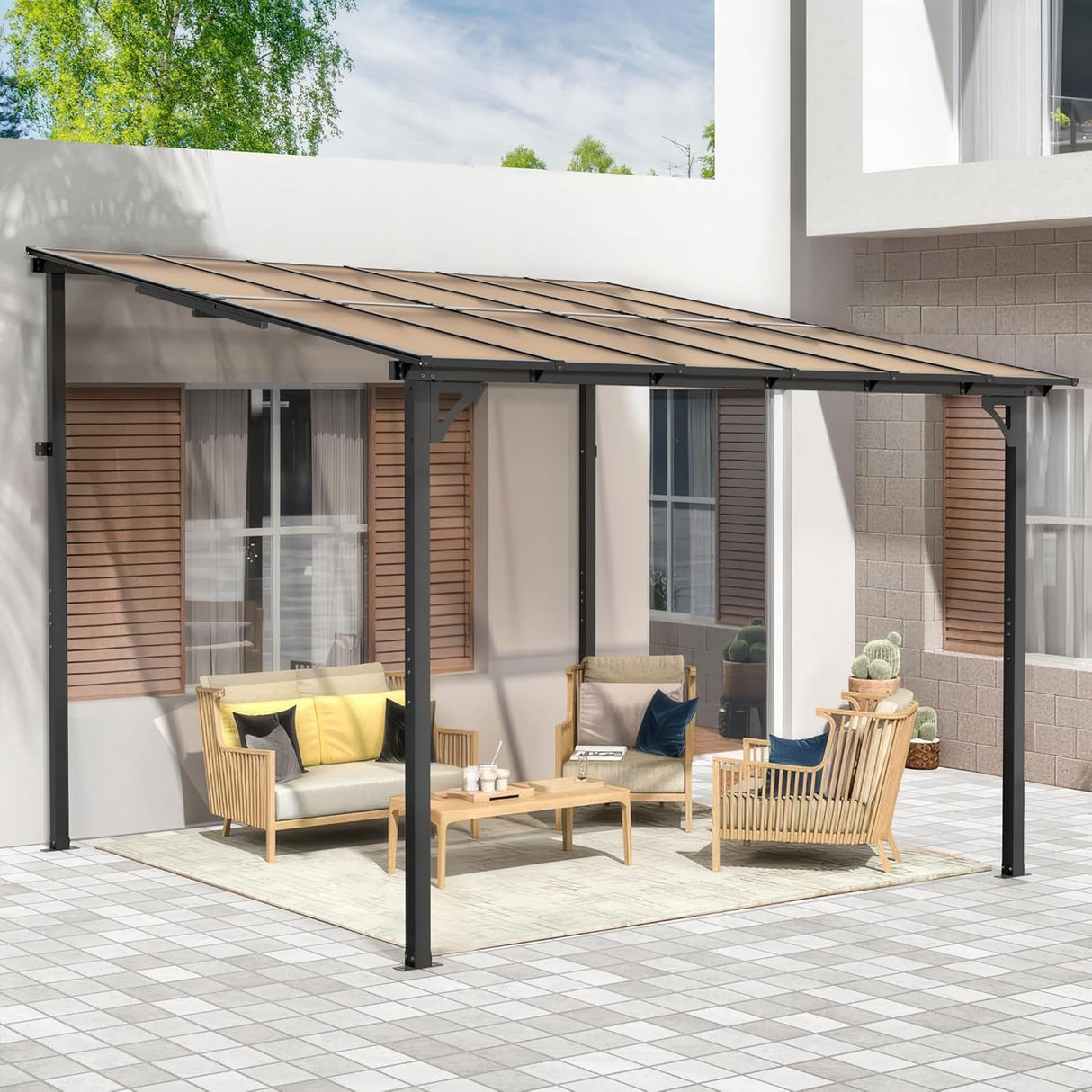 SUNCROWN 10'x10' Hardtop Gazebo, Wall-Mounted Gazebos Pergola, Outdoor Reclining Gazebos with Metal Frame, Lean to Gazebo Metal Awnings for Patio, Deck, Backyard, Porch, Lawns SUNCROWN