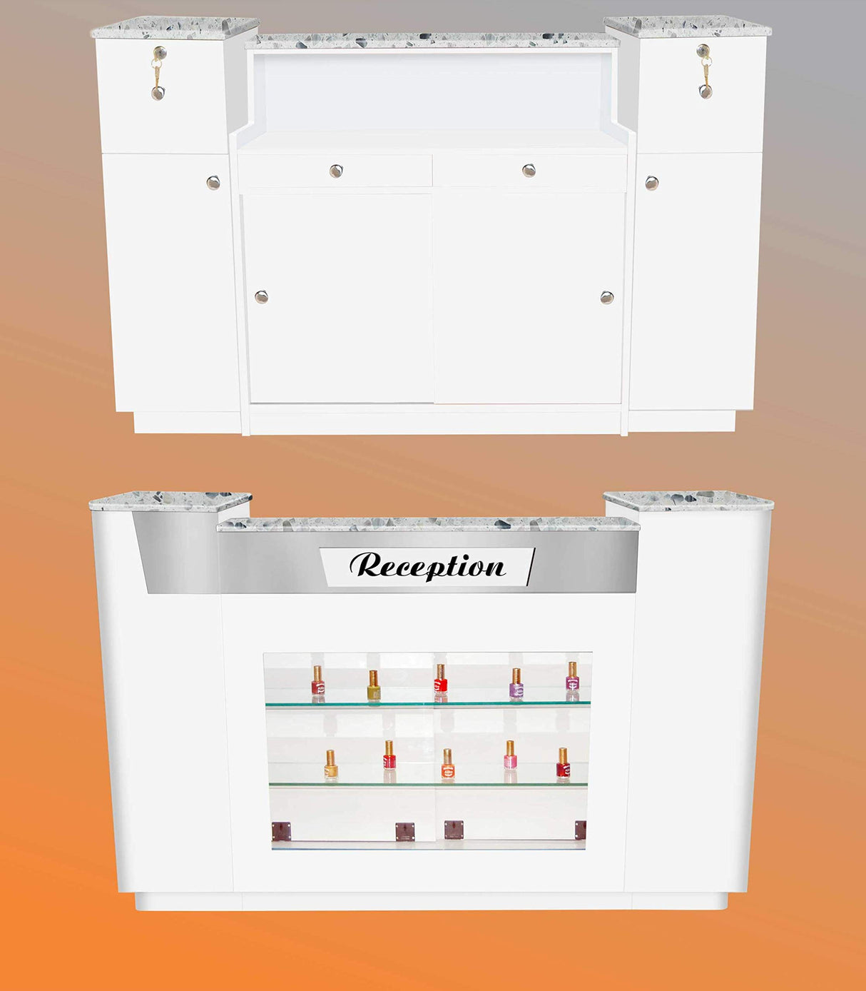 MAYAKOBA Sonoma Reception Desk with Glass Display Adjustable Shelves, Side Cabinets, Office Restaurant Beauty Salon Furniture, Luxe White/Silver Accents MAYAKOBA