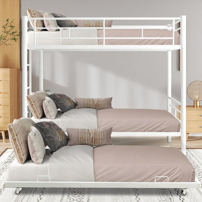 Twin Over Twin Bunk Bed with Trundle, Metal Bunk Beds with 2 Ladder and Guardrails, Convertible Triple Bunk Bed for Kids, Teens and Adults, No Box Spring Needed, Space Saving (White)