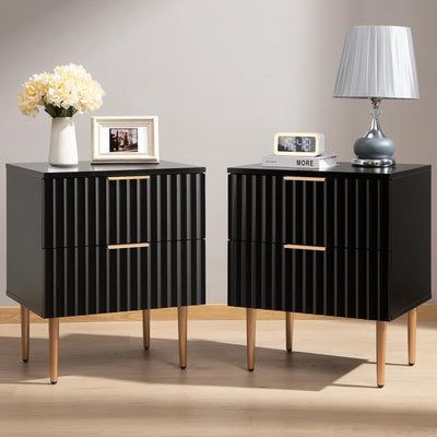 SICOTAS Black Night Stand Set 2, Wide Fluted Nightstand with 2 Drawers, Modern Glossy Storage Bedside Table for Bedroom, End Side Table with Golden Metal Legs and Handles
