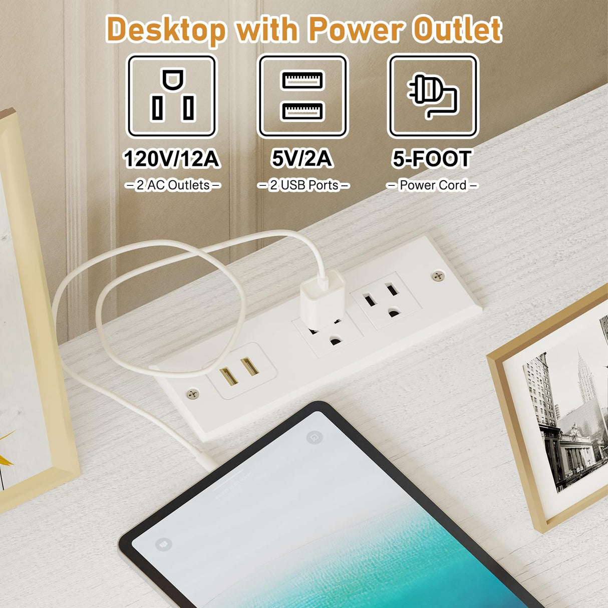 YGEOMER 59 Inches Long Dresser White Dresser or Bedroom 65-inch TV Stand with Charging Station and LED Lights, Fabric Chest of Drawers with PU Finish for Bedroom, Entryway YGEOMER