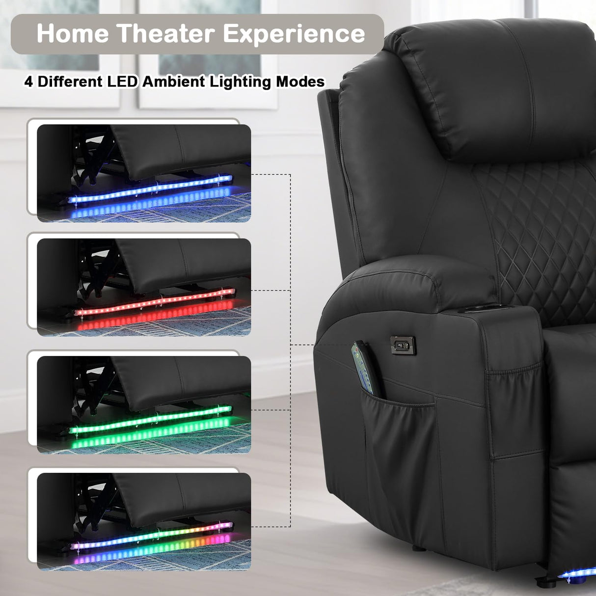 WISHDEER Power Recliner Chair with Heat and Massage for Adults - Home Theater Seating with LED Lights,Cup Holders,Side Pocket,USB Port - Recliner Sofa for Living Room(Black, Set of 2) WISHDEER
