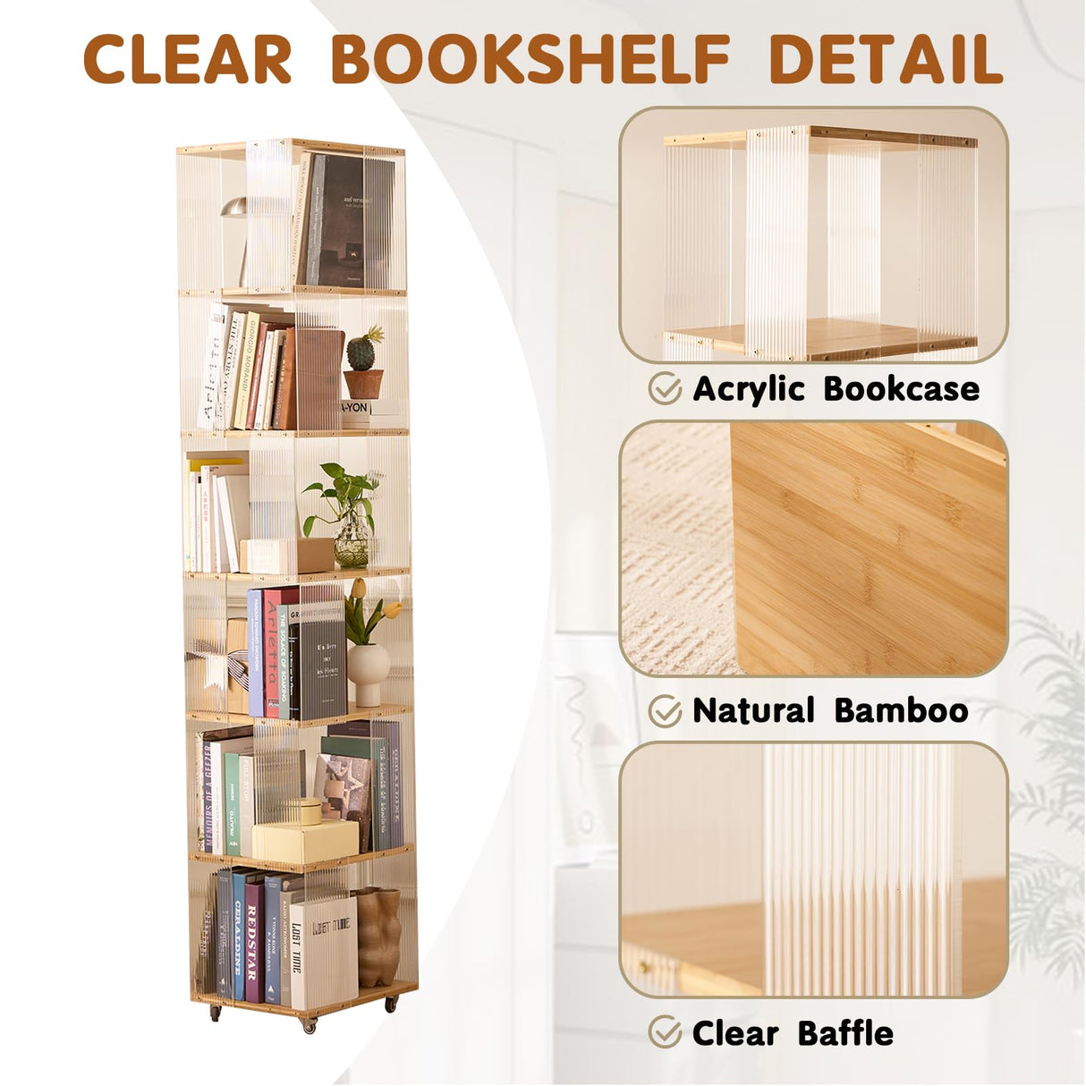 ZHUMUJIAJU 6-Tier Rotating Bookshelf- 360° Spinning Bookshelf Tower Kids, Tall Narrow Bookshelves with Wheels, Acrylic Clear Bookcase, Modern Storage Organizer for Home Office, Living Room, Bedroom ZHUMUJIAJU