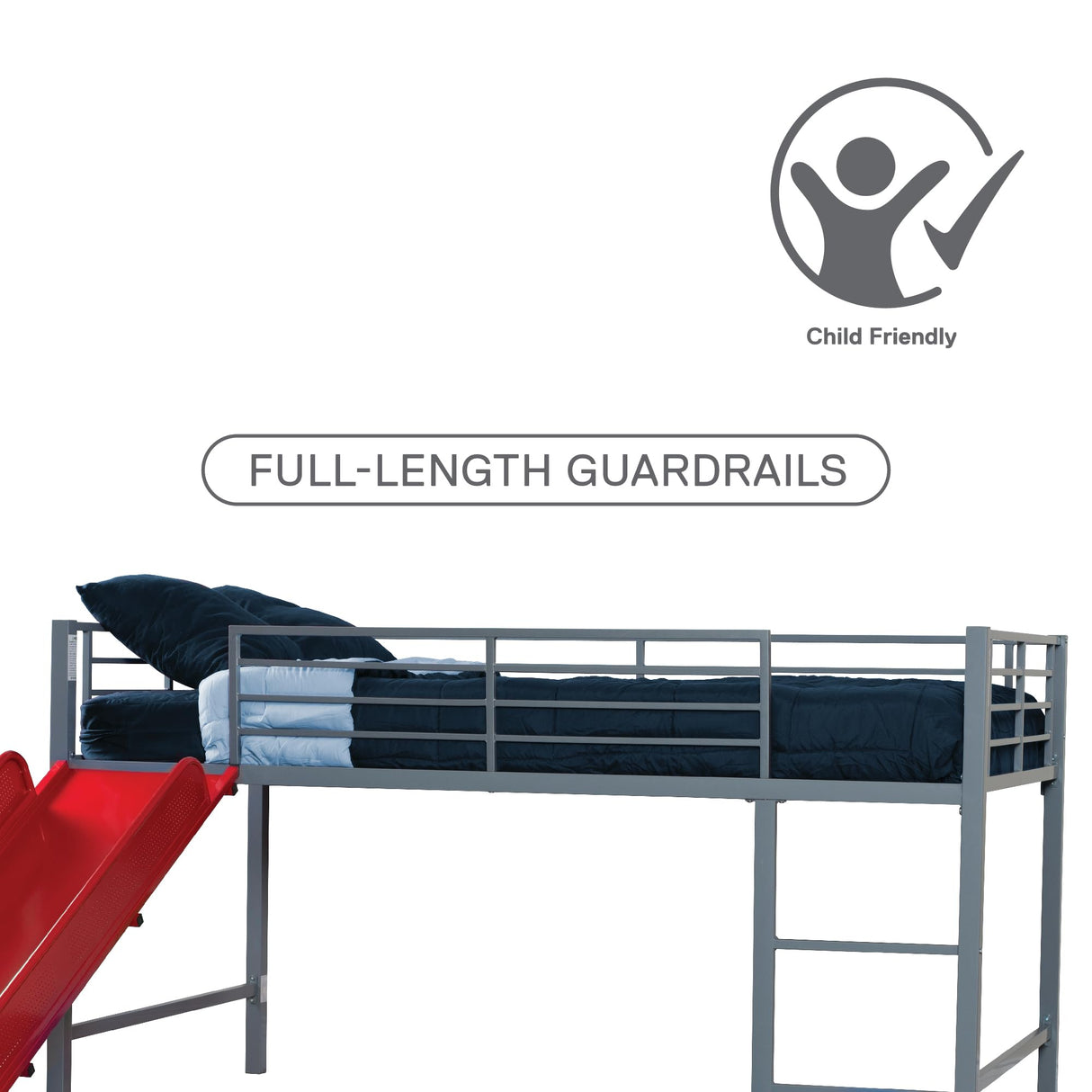 DHP Junior Twin Metal Loft Bed with Slide, Multifunctional Design, Silver with Red Slide DHP