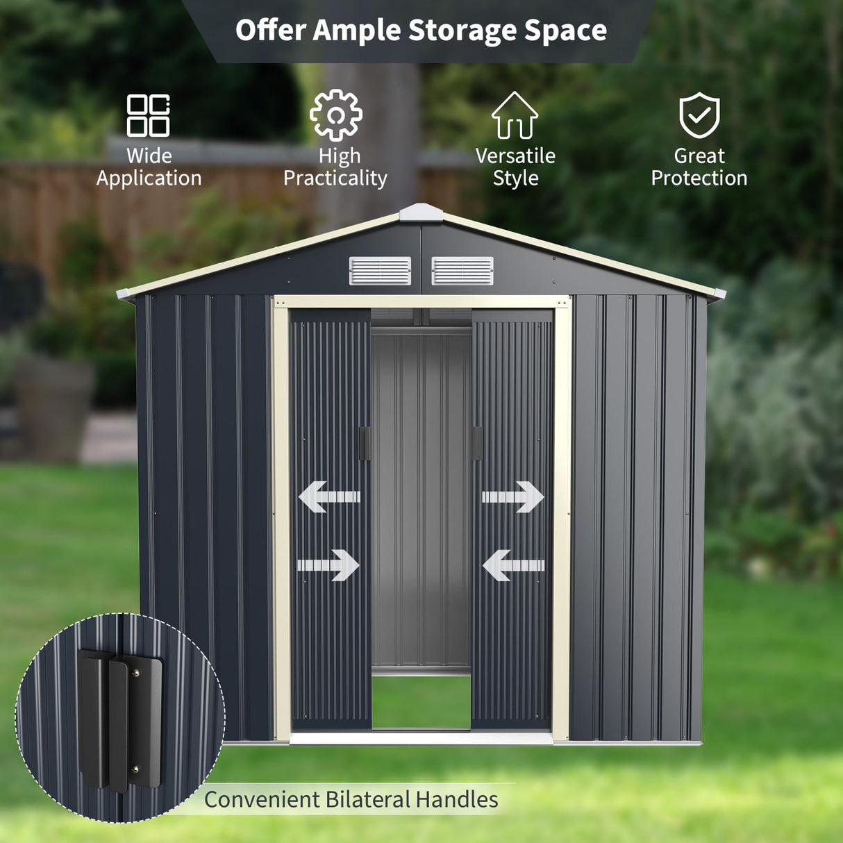 IRONMAX Outdoor Storage Shed, 7x6 FT Galvanized Steel Lean to Garden Shed, Heavy Duty Tool Storage House with Sliding Doors & Air Vents, for Bicycles, Lawnmowers, Backyards, Patios, Lawns, Grey IRONMAX
