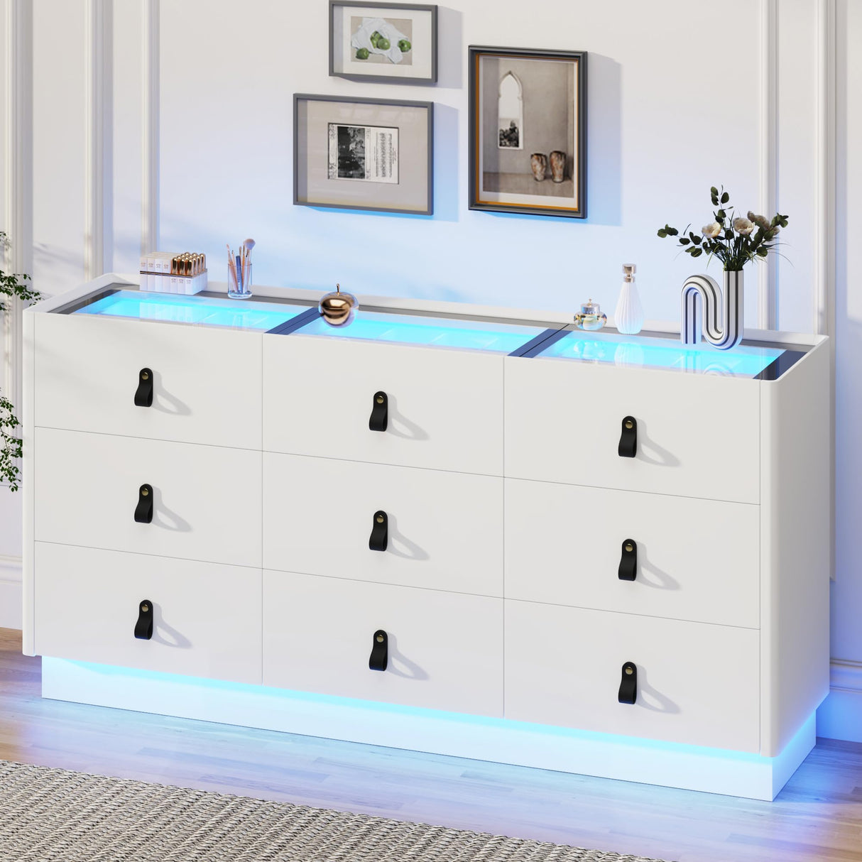 jiteentarou 63 Inch Dresser with Jewelry Drawers & Glass Top, Modern Chest of Drawers with LED Light, Closet Island, Leather Handle, Arc Design, White jiteentarou
