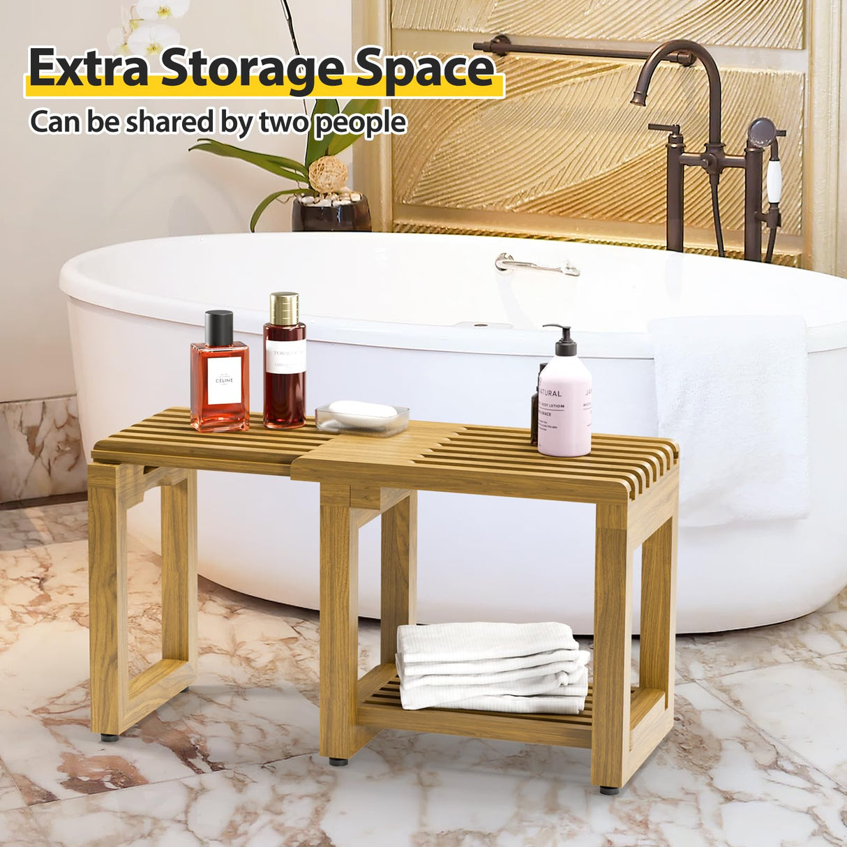 Adjustable Shower Benches for Inside Shower Length 26.4'', Acacia Wood Shower Bench Waterproof, 440lbs Bathroom Bench with Storage for Shaving Legs Spa Sauna, Shower Chair for Adults Seniors Elderly WXCOPON