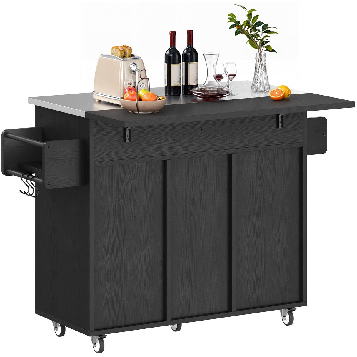 DWVO Kitchen Island on Wheels, Mobile Kitchen Island Cart with Folding Drop Leaf Breakfast Bar, Island Table for Kitchen with Large Storage Cabinets, Racks, Drawers and Adjustable Shelves, Black DWVO