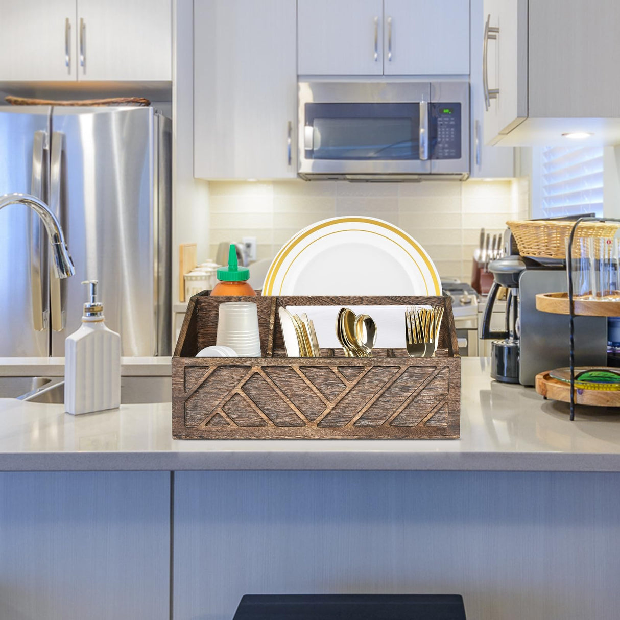 Paper Plate Dispenser, Paper Plate Holder for Kitchen Counter, Wood Rustic Silverware Utensil Caddy, Cutlery Flatware Organizer Box for Cups Spoons Forks Plates Napkins, Kitchen Accessories (Brown) Ukonvi