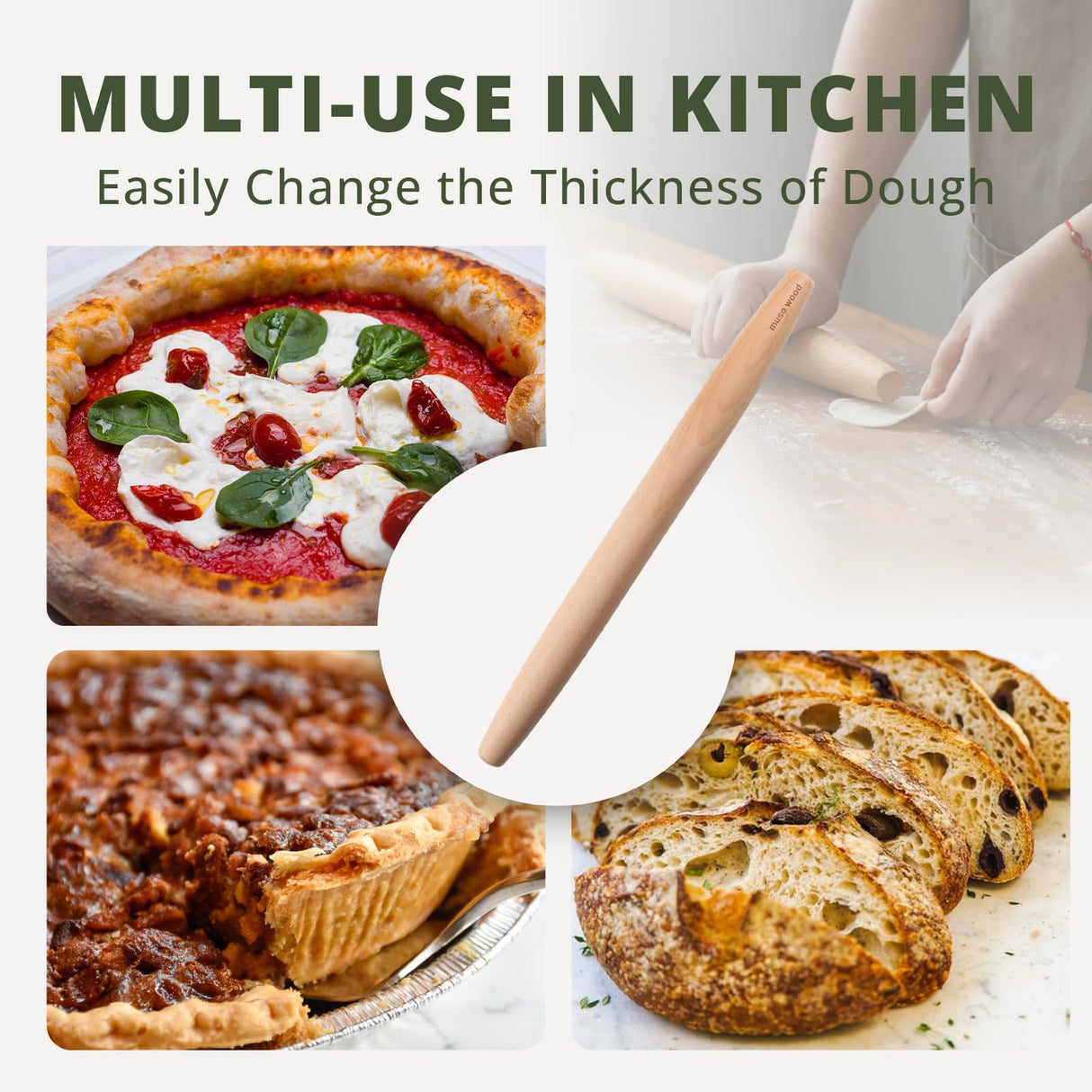 Muso Wood Wooden French Rolling Pin for Baking, Beech Wood Tapered Rolling Pin for Fondant Pie Crust Cookie Pastry(French 15.75-Inch) muso wood