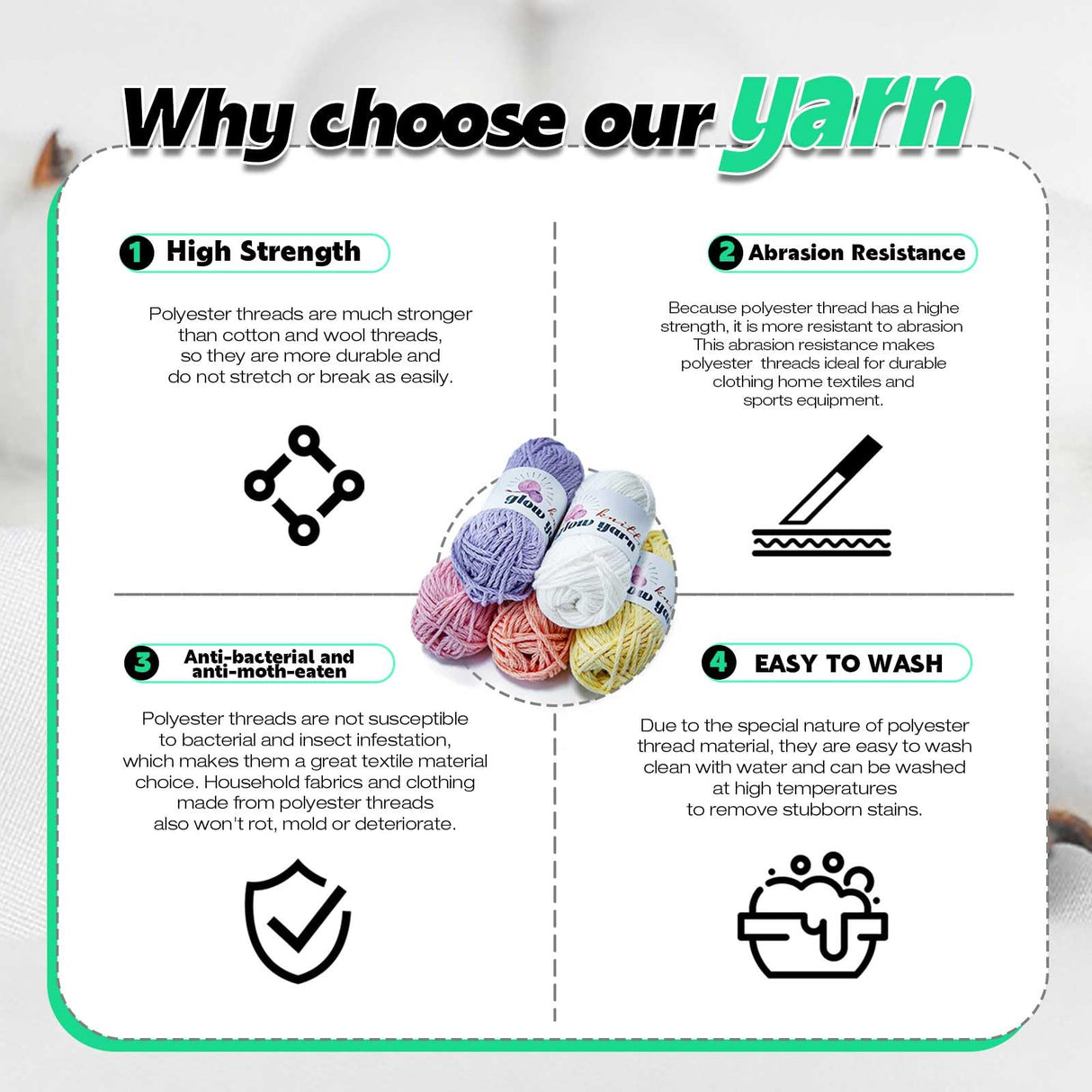 BulingBuling Glow in The Dark Yarn, 5 Pack Colorful Total 260g/9oz-273Yards, Crochet Yarn for Crocheting, for DIY Art, Knitting, Crocheting and Crafts. (White) bulingbuling