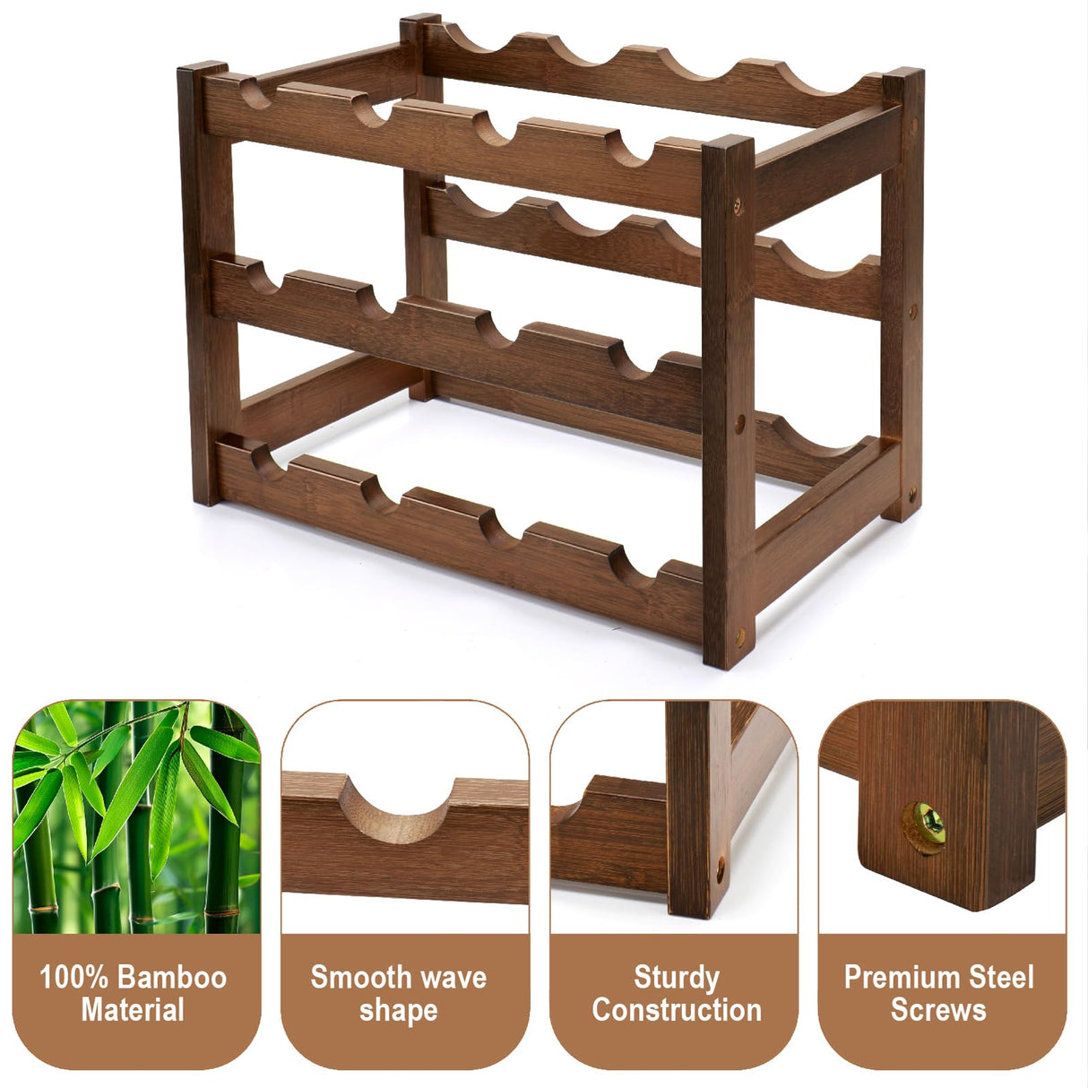 Thalomely Bamboo Wine Rack, 3-Tier 12 Bottles Wine Storage Cabinet Shelf, Easy-Assembly Freestanding Bamboo Wine Racks Countertop for Kitchen Pantry Dining Room Bar, Walnut Thalomely