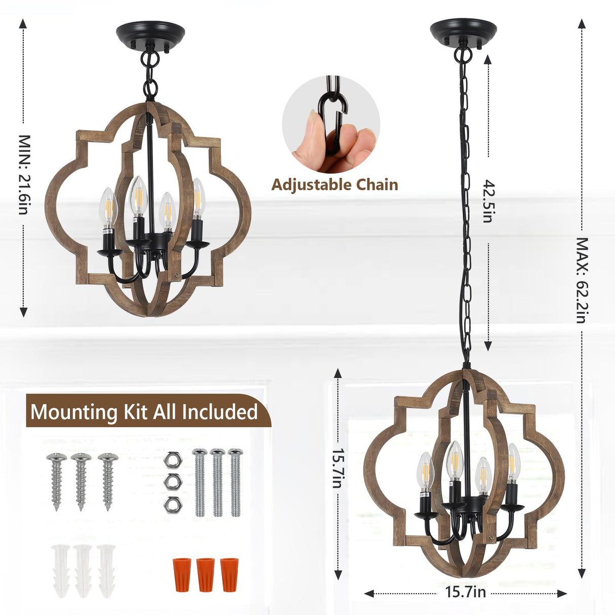 Farmhouse Chandelier Light Fixtures, 4-Light Dining Room Light Fixtures Over Table, Solid Wood Chandeliers for Dining Room, 15.7“ Brown Rustic Chandeliers for Living Room Kitchen Island Bedroom Foyer Stepeak