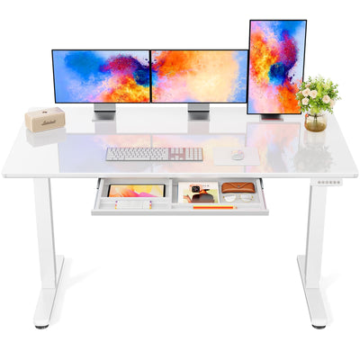 Marsail Glass Electric Standing Desk with Drawer, 55 x 28 Inches Height-Adjustable Desk, One-Piece Tempered Glass Top, Ergonomic Home Office Sit Stand Desk with 4 Preset Heights, White