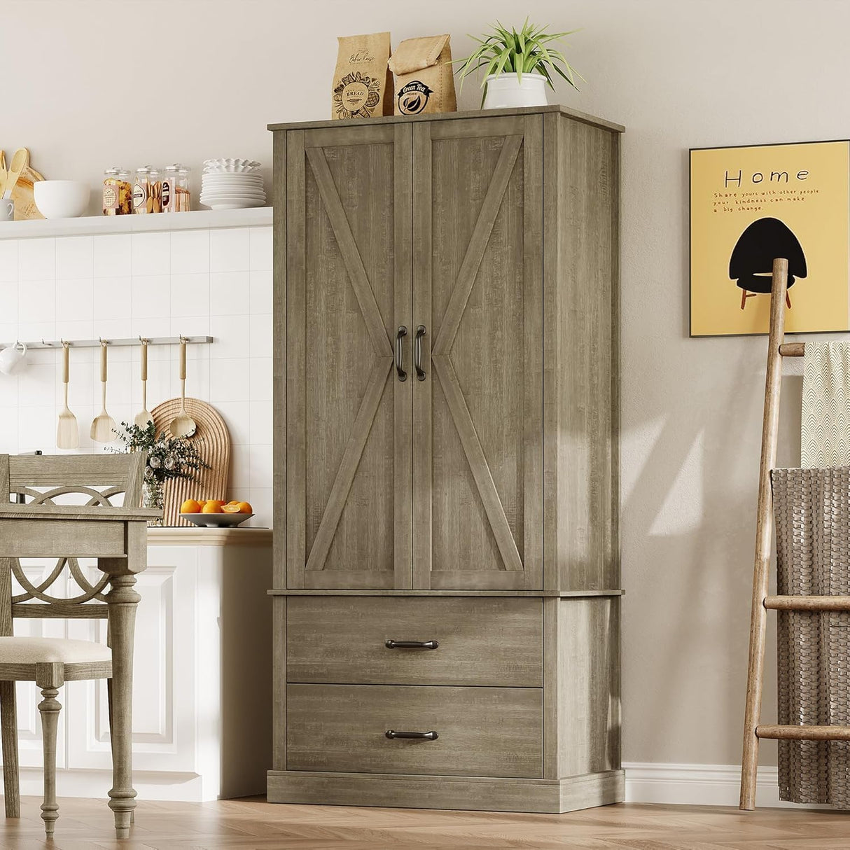 GarveeHome Kitchen Pantry Cabinet, Farmhouse Storage Cabinet with Barn Doors, Drawers and Adjustable Shelves, Versatile Storage for Kitchen, Dining Room, Grey GarveeHome