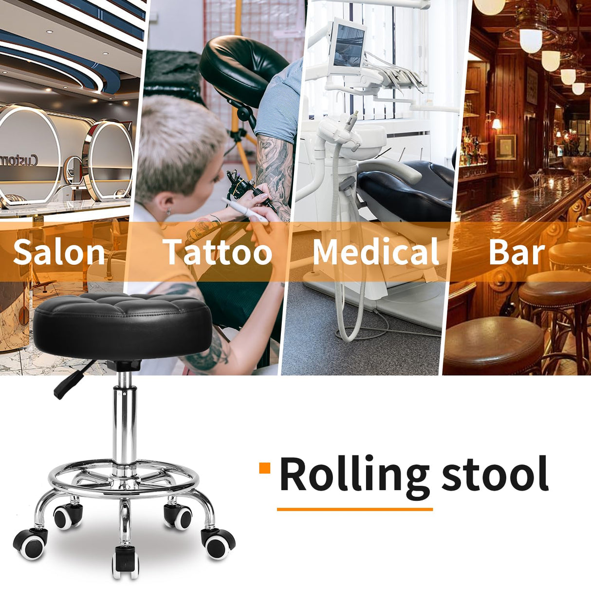 Rolling Stool PU Leather Round - Ultra Soft Padded Seat Cushion Stool with Wheels with Footrest, Weight Capacity 300lb,Adjustable Height Stool for Tattoo Massage Salon Medical Spa Center (Black1) YEEZEE