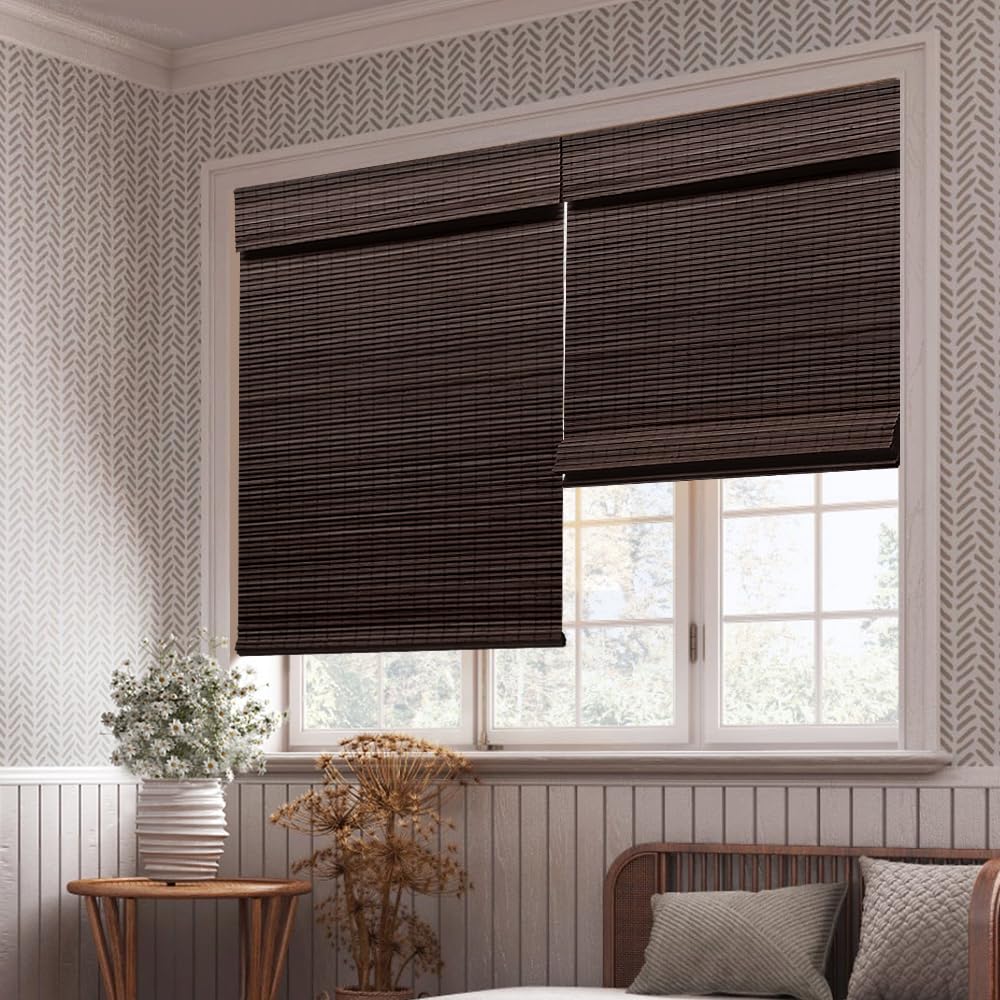 LUCKUP Cordless Bamboo Roman Blinds Shades for Indoor Windows-Blackout Room Darkening Roman Blinds with 6" Valance Cover Enhanced Privacy, 20" W x 64" H LUCKUP