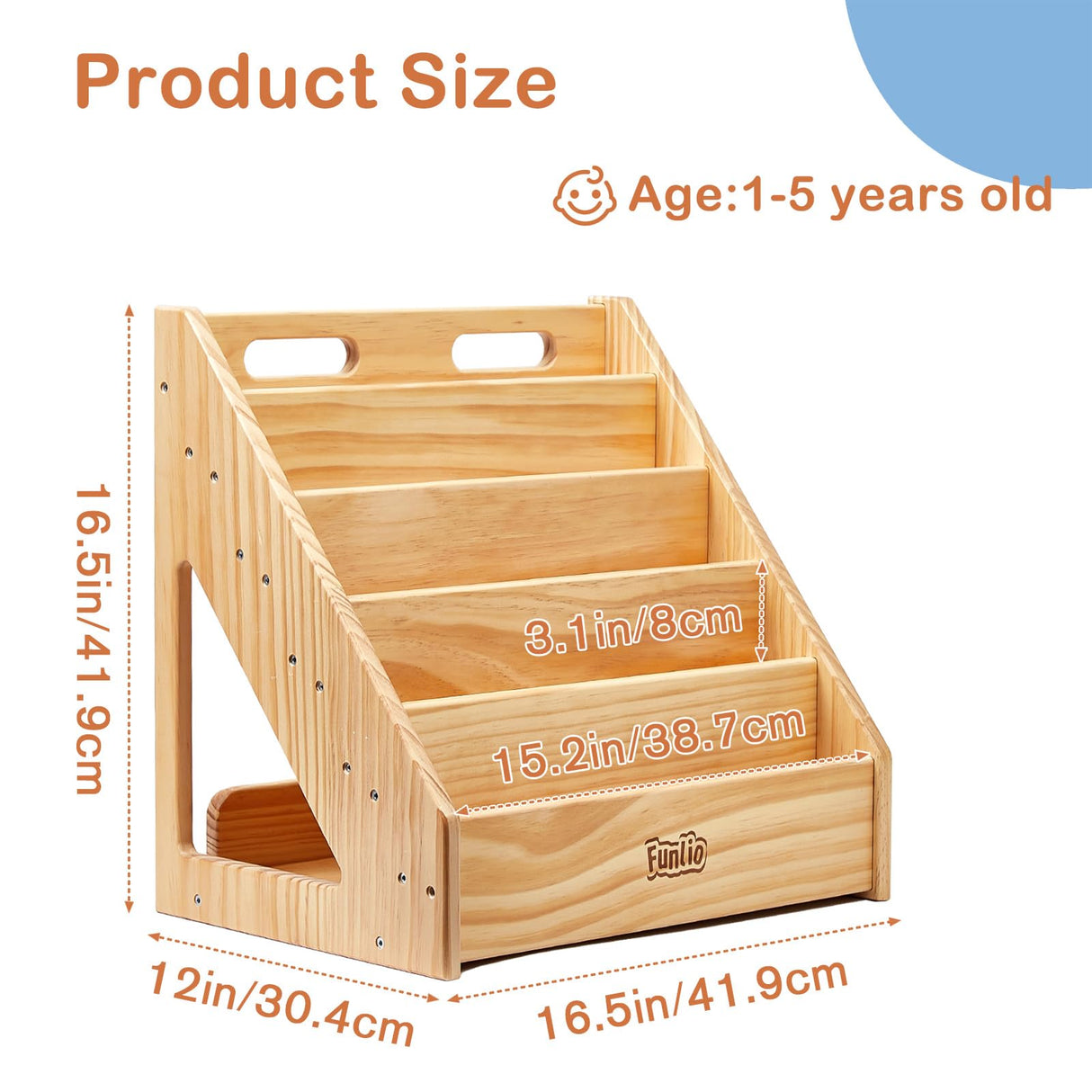 Front-Facing FUNLIO Montessori Bookshelf for Toddlers - Premium Pine Bookcase with Handles & Safety Features FUNLIO